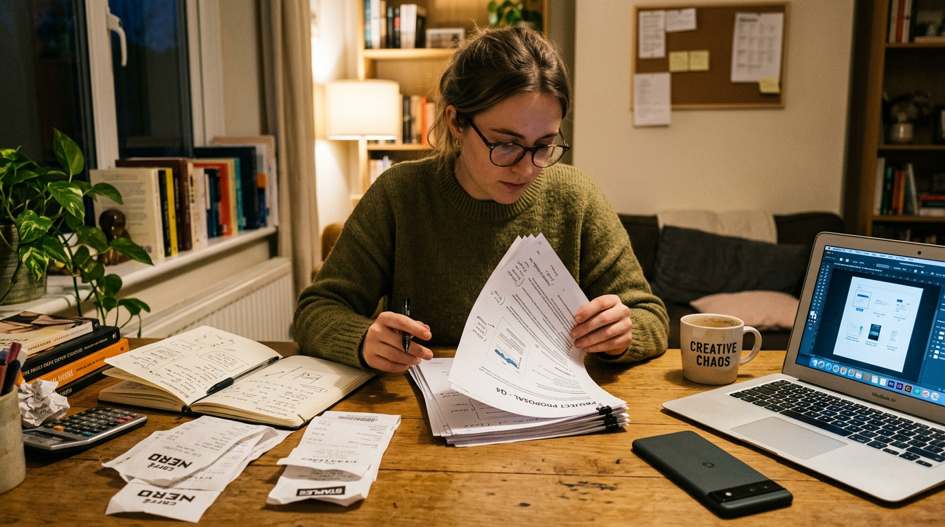 Scena spontanea di un freelance o di uno studente che esamina un documento scans...
