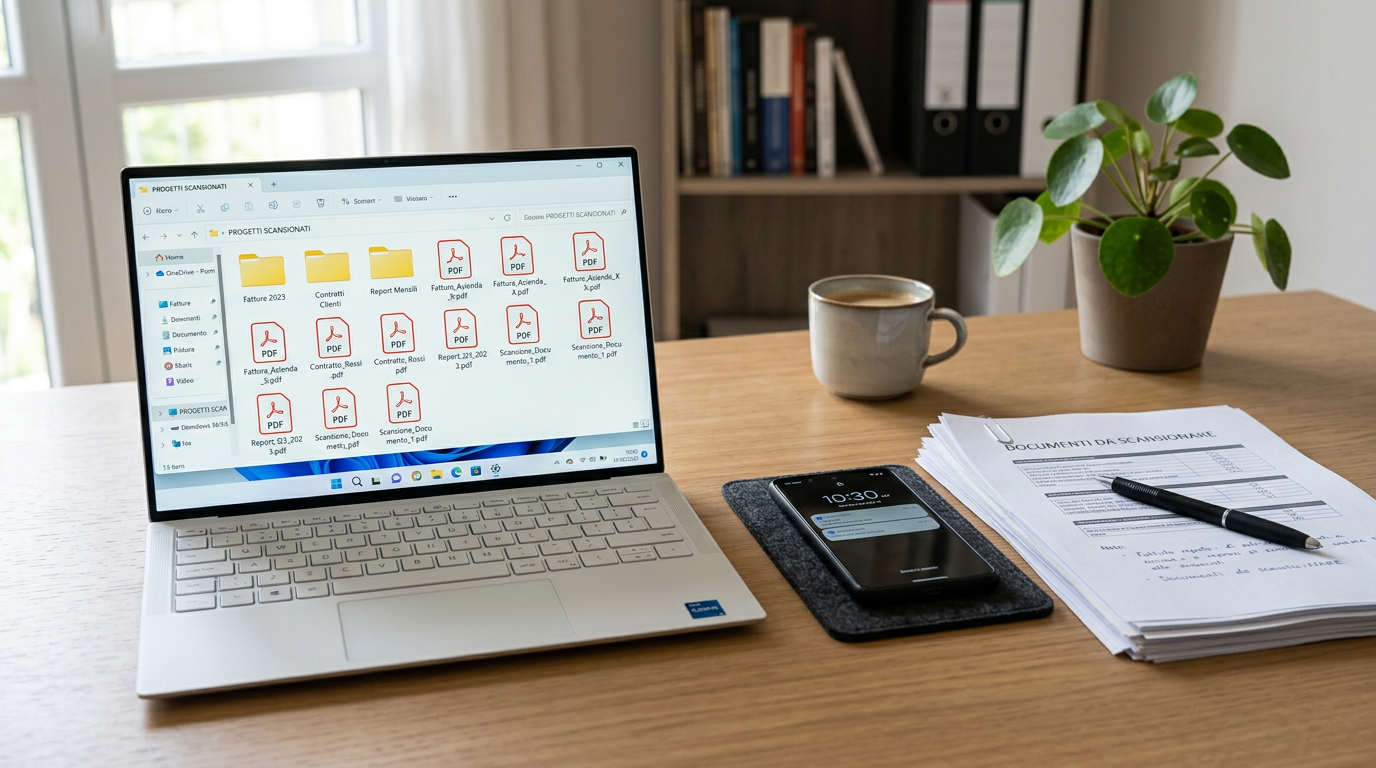 Spazio di lavoro ordinato con diversi documenti scansionati trasformati in file ...