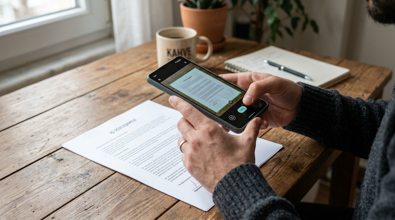 Düz bir masa üzerinde duran kağıt belgeyi akıllı telefon kamerasıyla tarayan bir...