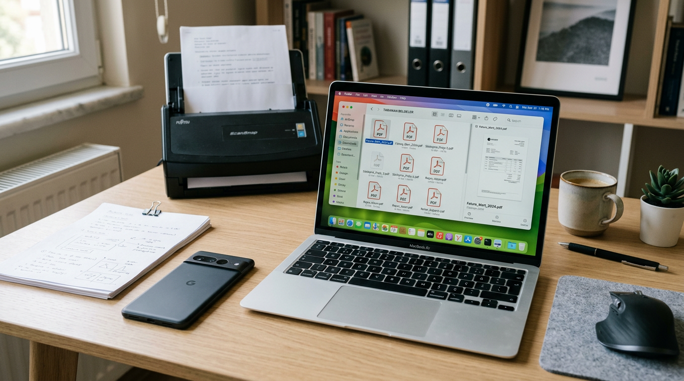 Akıllı telefon ve kağıt sayfaların yanında, birkaç taranmış belgenin dizüstü bil...
