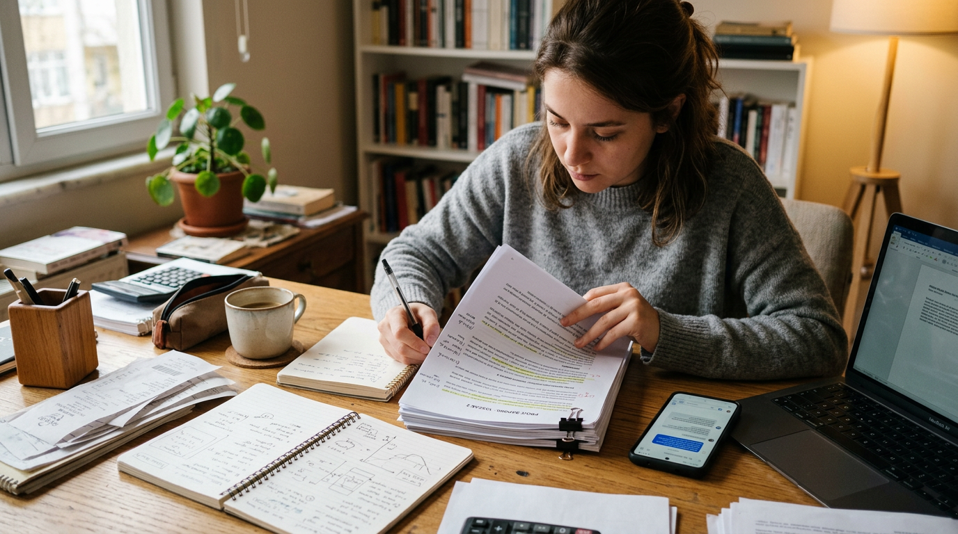 Not defterleri ve fişlerin yanında çok sayfalı taranmış bir belgeyi inceleyen se...