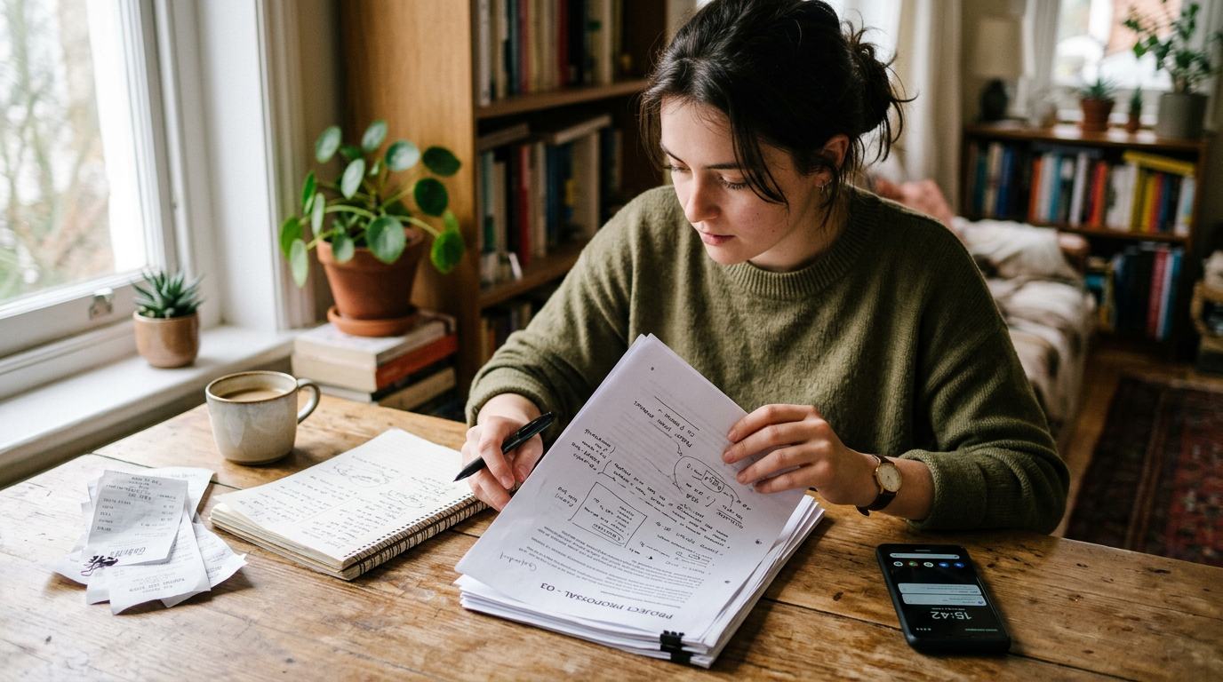 真实抓拍风格场景：自由职业者或学生正在查看一份多页扫描文档，旁边有笔记本和收据，室内光线平静柔和，氛围真实实用，细节自然，无文字叠加，无水印，手机背面绝对不能有...