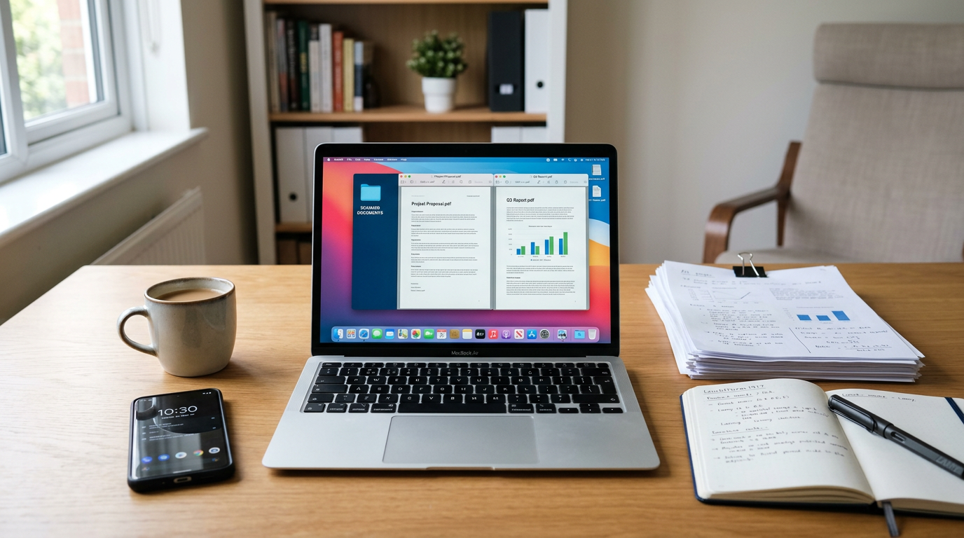整洁有序的工作空间，几份扫描后的文档已整理为清晰的 PDF 文件，旁边放着笔记本电脑、智能手机和纸质页面，真实的商务休闲环境，中性色调，突出秩序感与文件管理，无...