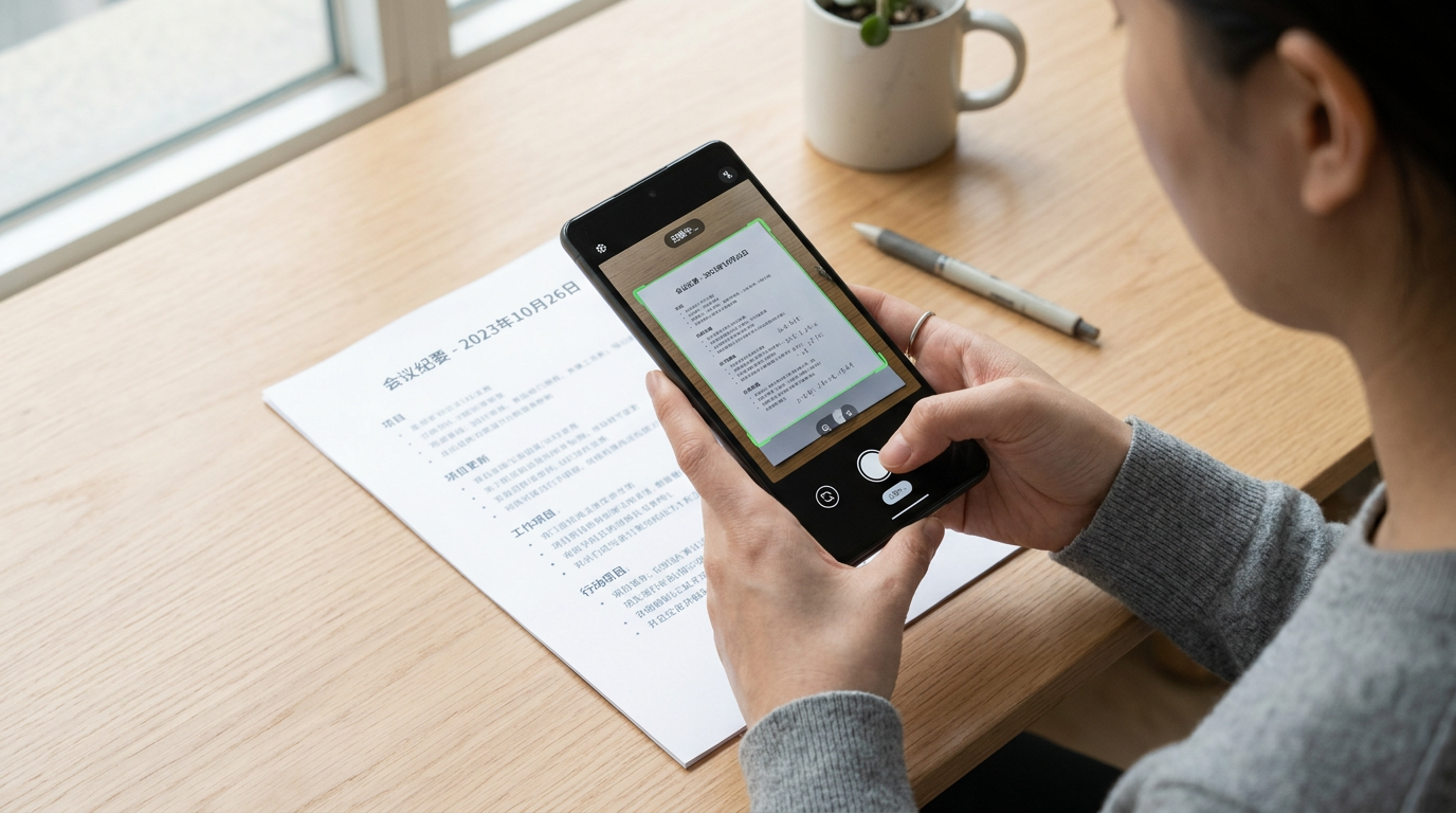 逼真的近景画面：有人正用智能手机相机在干净朴素的桌面上扫描纸质文件，双手可见，柔和自然光，文档边缘清晰取景，日常实用场景，无文字叠加，无水印，手机背面绝对不能有...