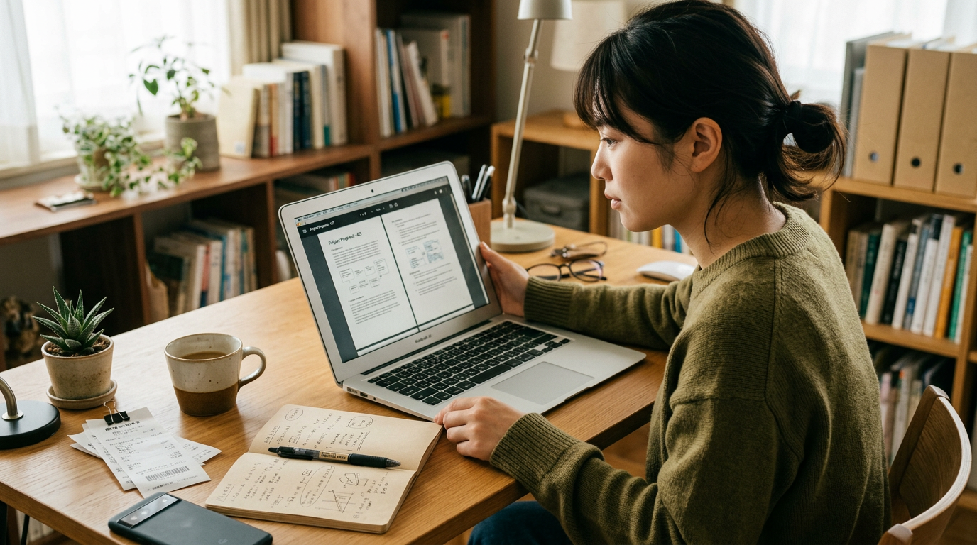 ノートやレシートの横で、複数ページのスキャン文書を確認しているフリーランスまたは学生の自然なシーン。落ち着いた室内照明、実用的で親しみやすい雰囲気、リアルなディ...