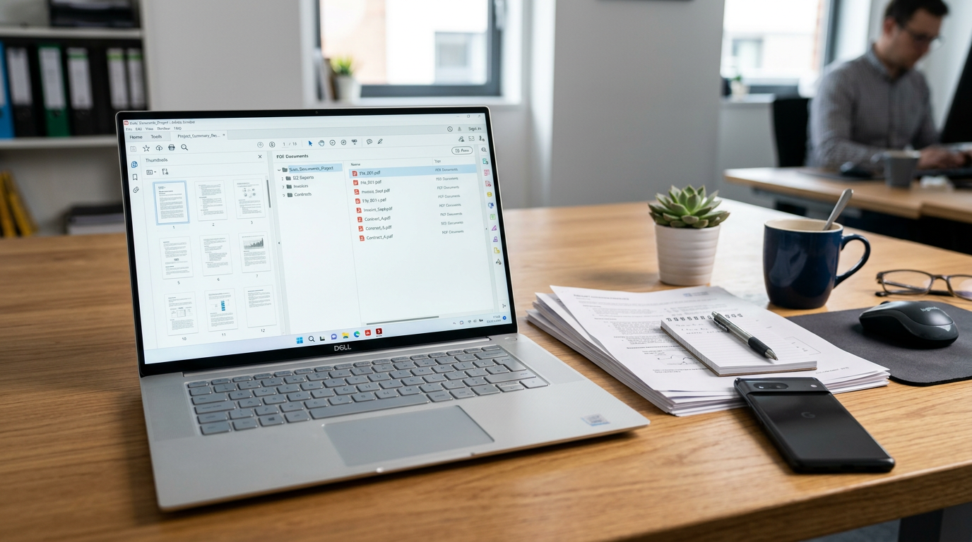 スマートフォンと紙の書類のそばに、複数のスキャン文書が整ったPDFファイルとしてノートPC上で整理されているワークスペース。リアルなビジネスカジュアル環境、落ち...