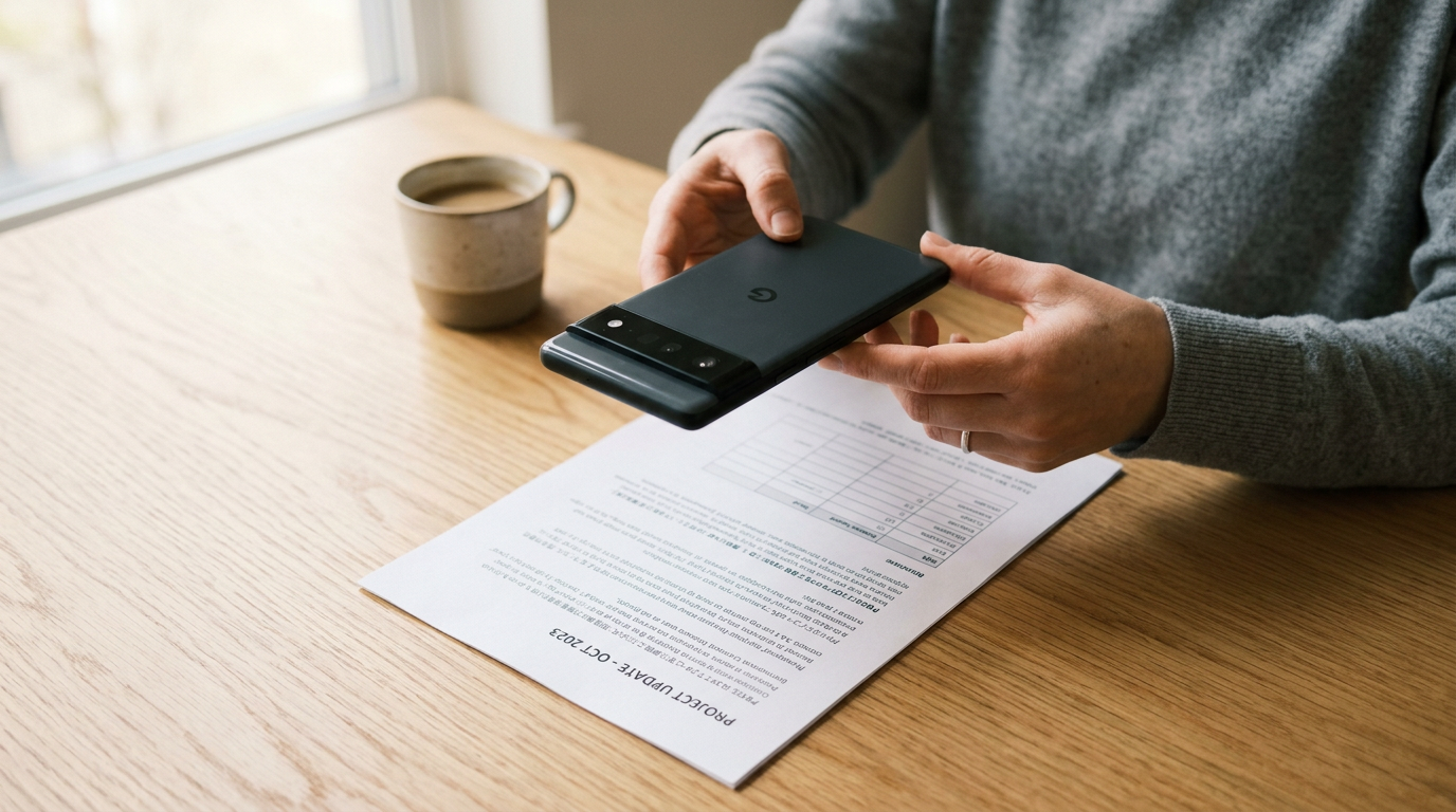 無地のテーブルの上でスマートフォンのカメラを使って紙の書類をスキャンしている人物のリアルな接写。手元が見え、柔らかな自然光、書類の縁がはっきり収まっている、日常...