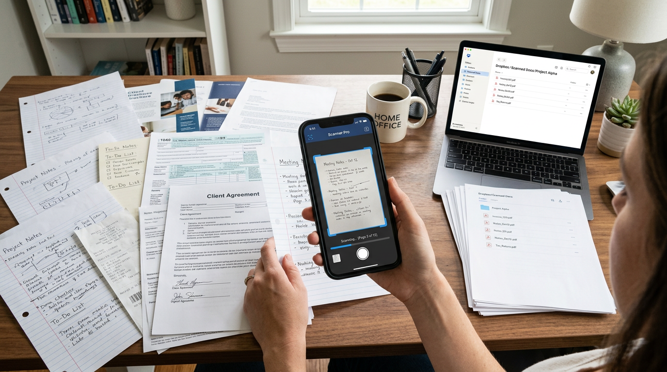 A realistic overhead scene of mixed paperwork including forms, handwritten notes...