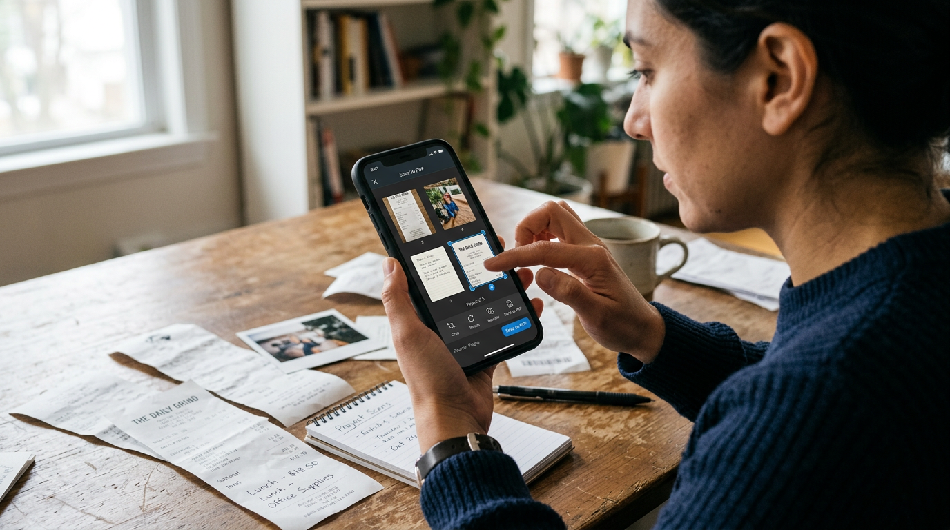 A realistic close-up of a person reviewing scanned documents and photos on a sma...