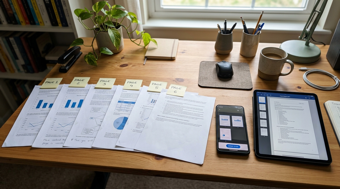 스마트폰 스캐너 앱 옆에 종이 문서들이 순서대로 놓인 작업 공간