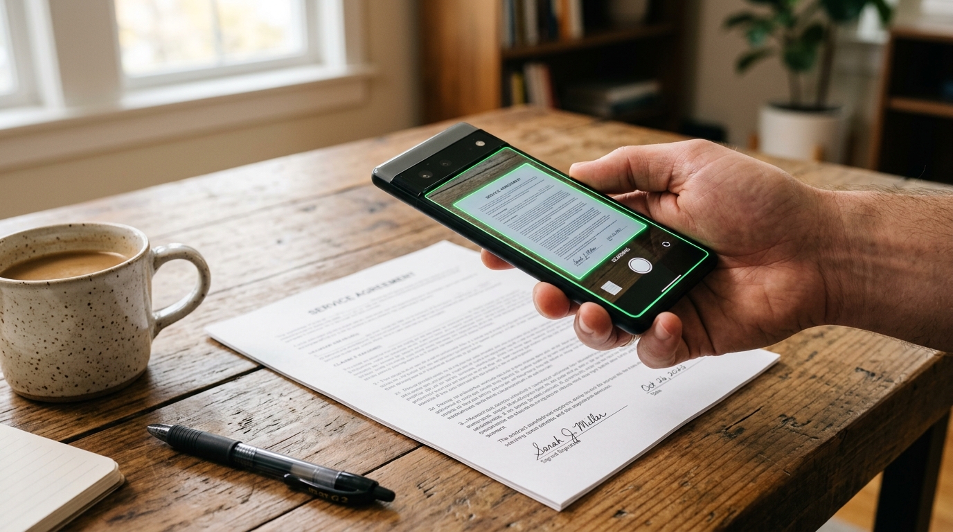 책상 위 인쇄된 계약서를 스마트폰으로 스캔하는 손