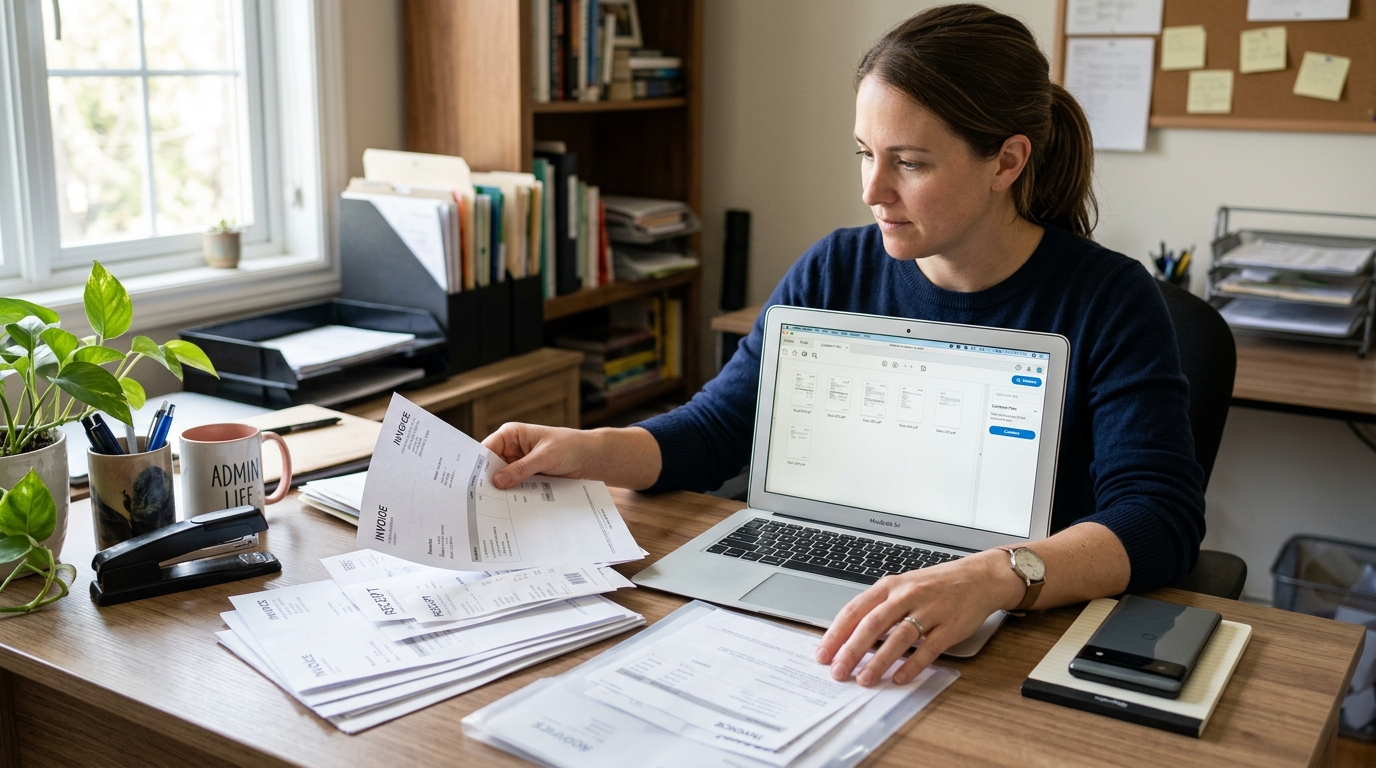 A realistic small-business admin scene with printed invoices, receipts, and a phone