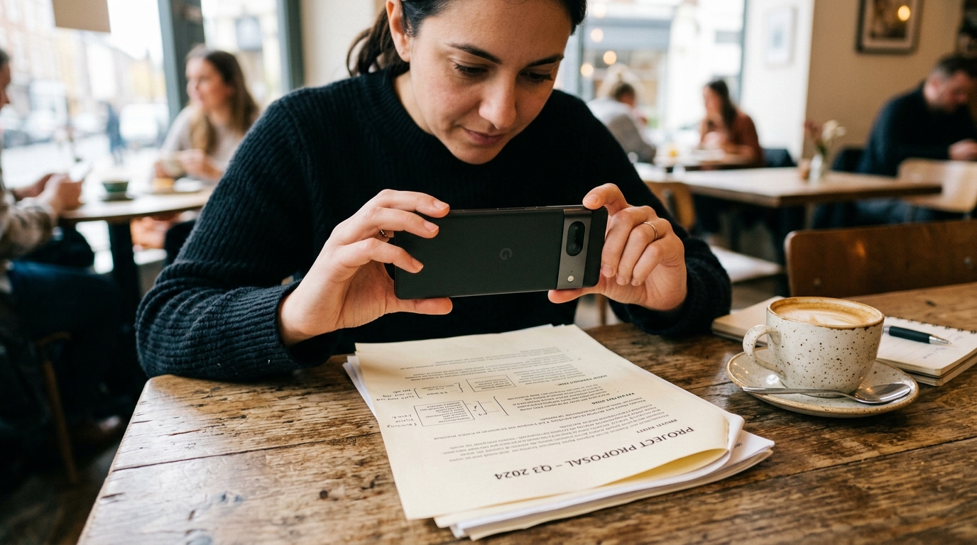 A realistic close-up scene of a person using a smartphone camera to capture a document