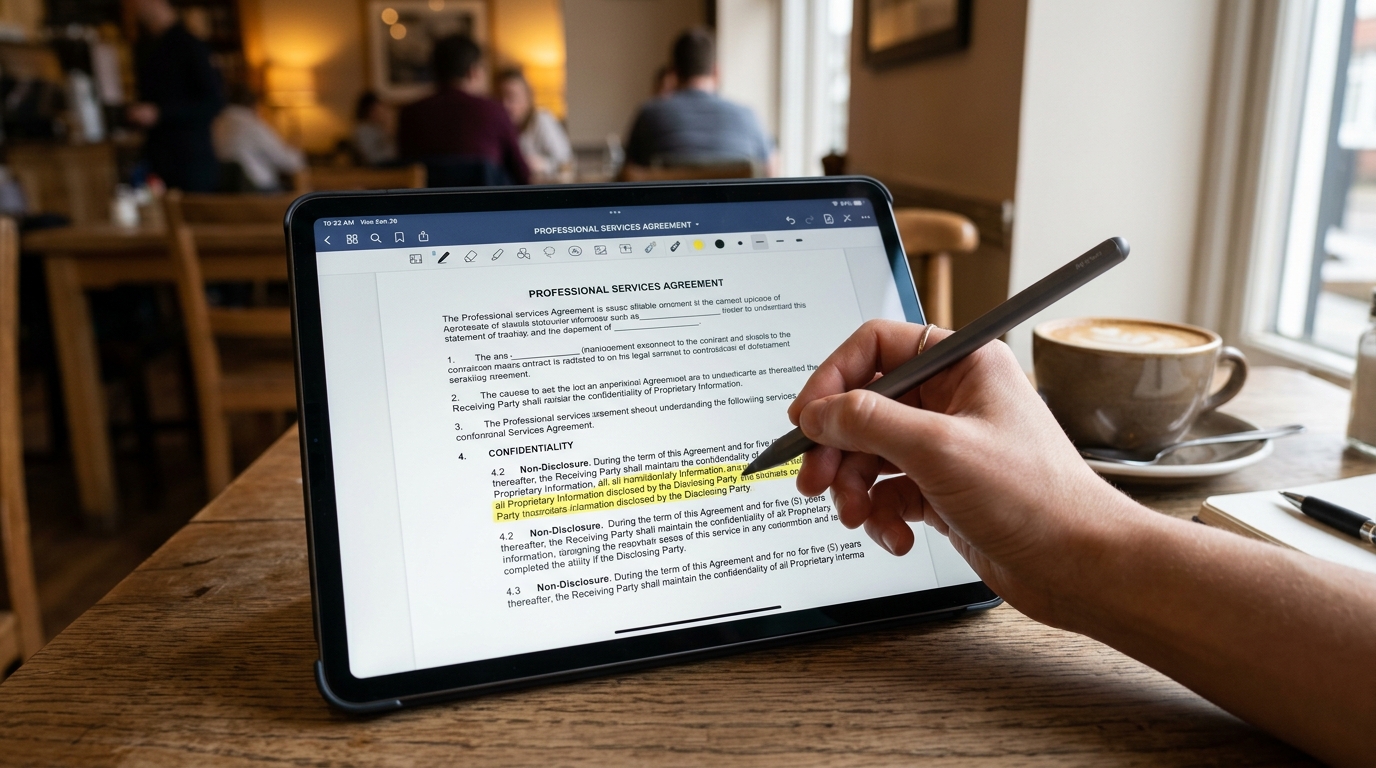A close-up view of a digital document on a tablet screen showing editable text blocks