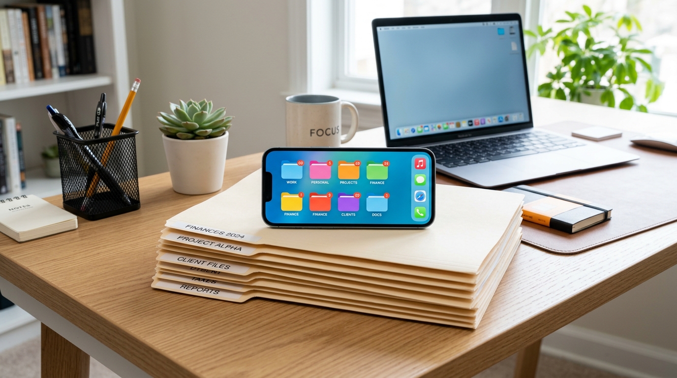 An organized home office desk featuring a smartphone resting on a neat stack of documents