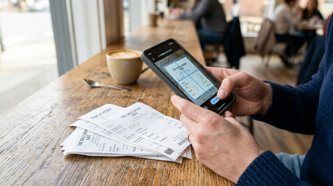 A close-up shot of a person's hands holding a modern smartphone over a wooden table to scan a document