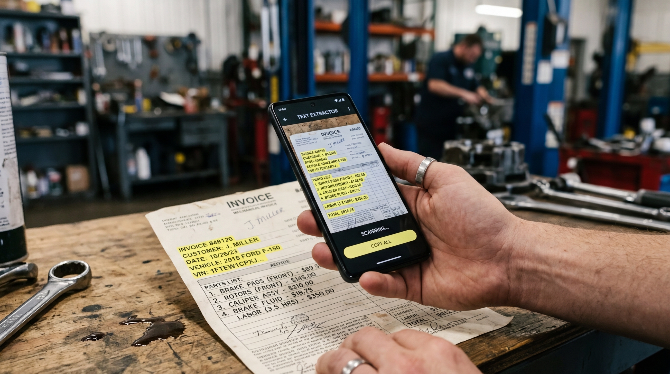 Close-up of a person's hand holding a smartphone over a mechanical document.