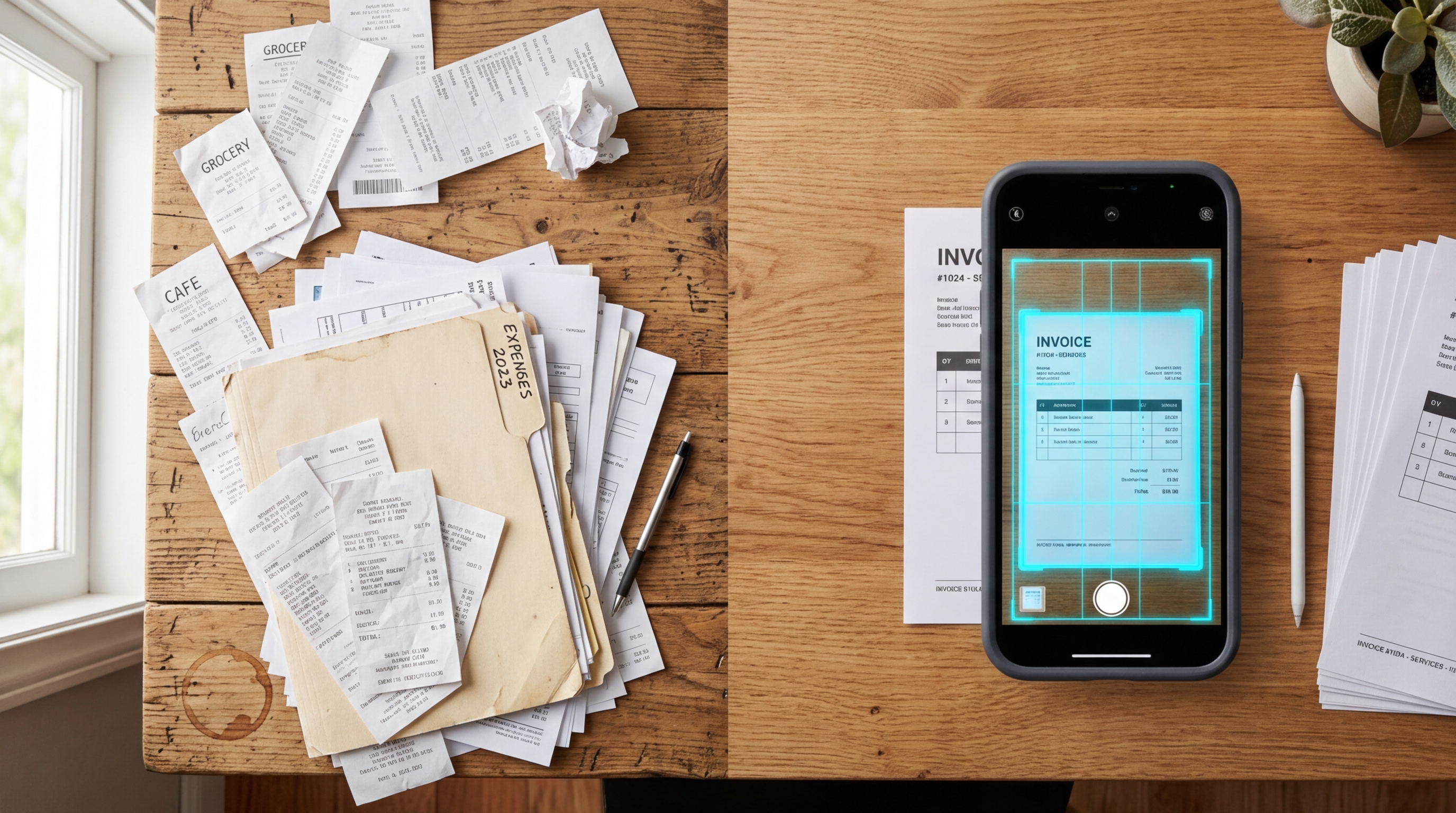 A top-down view of a wooden table divided conceptually into two sides.