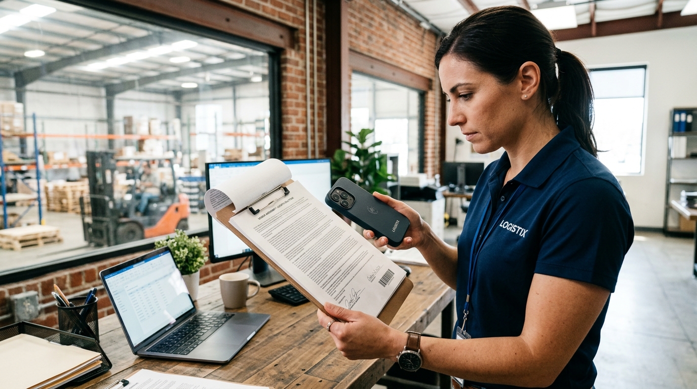 明るいオフィスで、バインダーに挟まれた書類の山をスマートフォンでスキャンする現代的なフリートマネージャー。