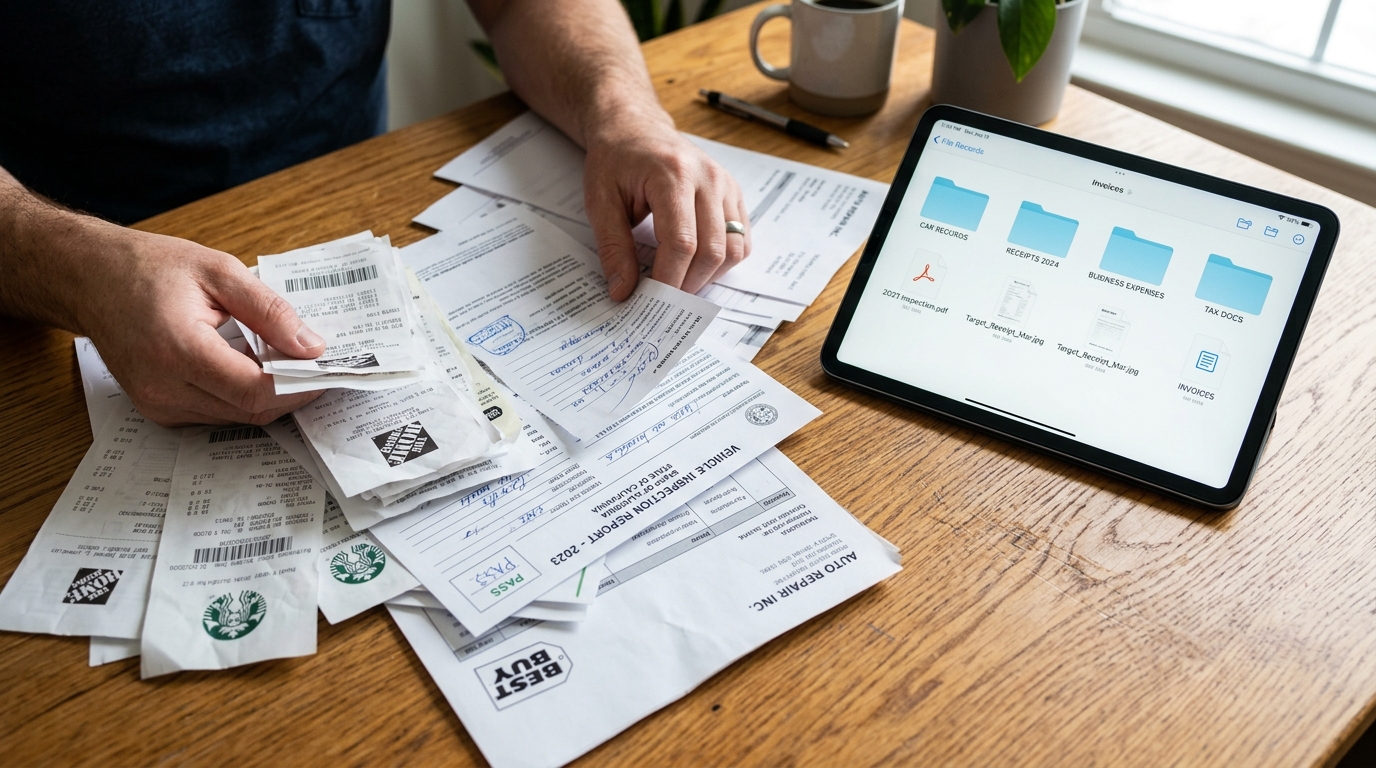 乱雑な領収書、自動車保険の書類、契約書の束を整理する手元のクローズアップ。