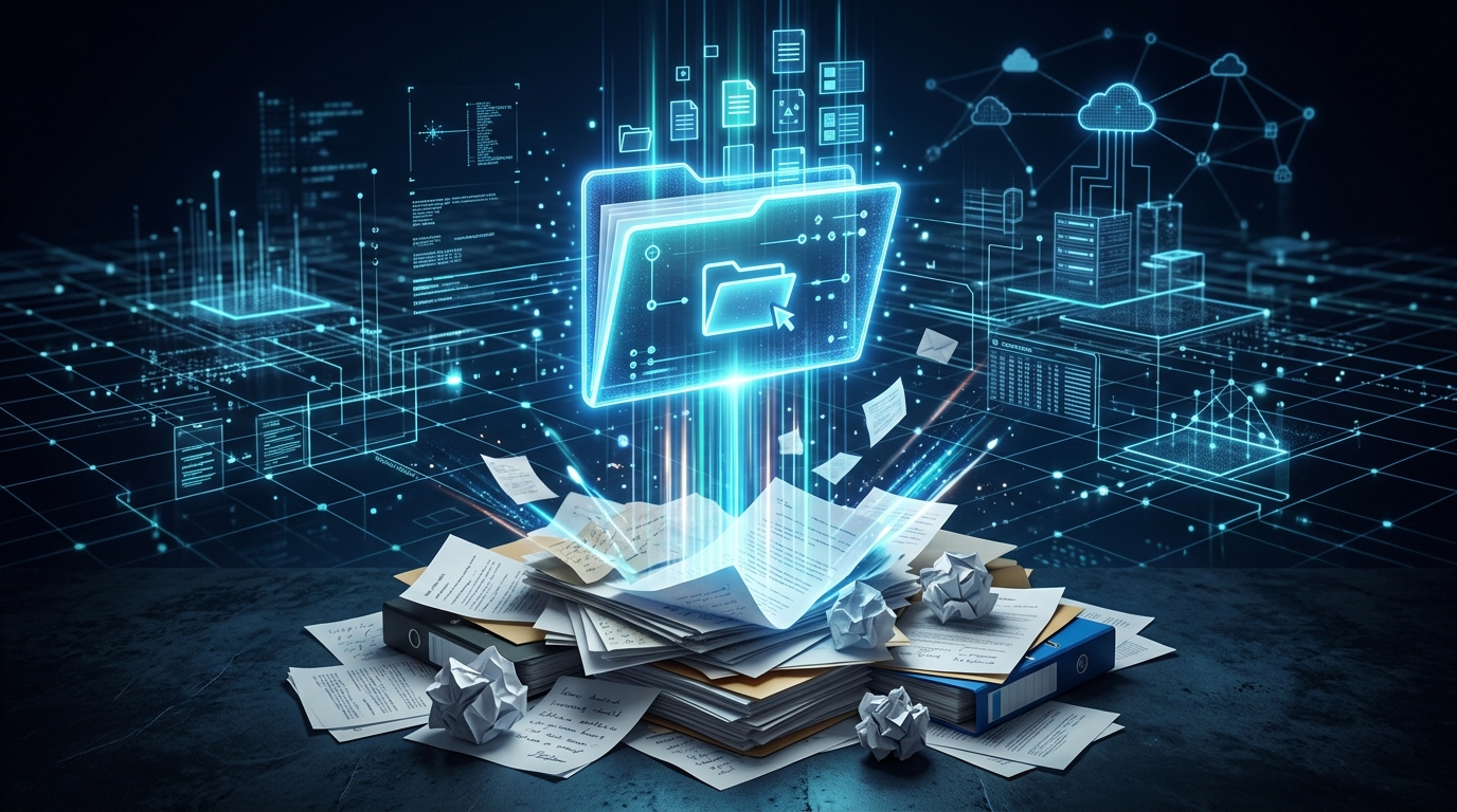 文件管理的理念数字插图。一个发光的半透明文件夹图标悬浮在杂乱的纸质文档堆上方。