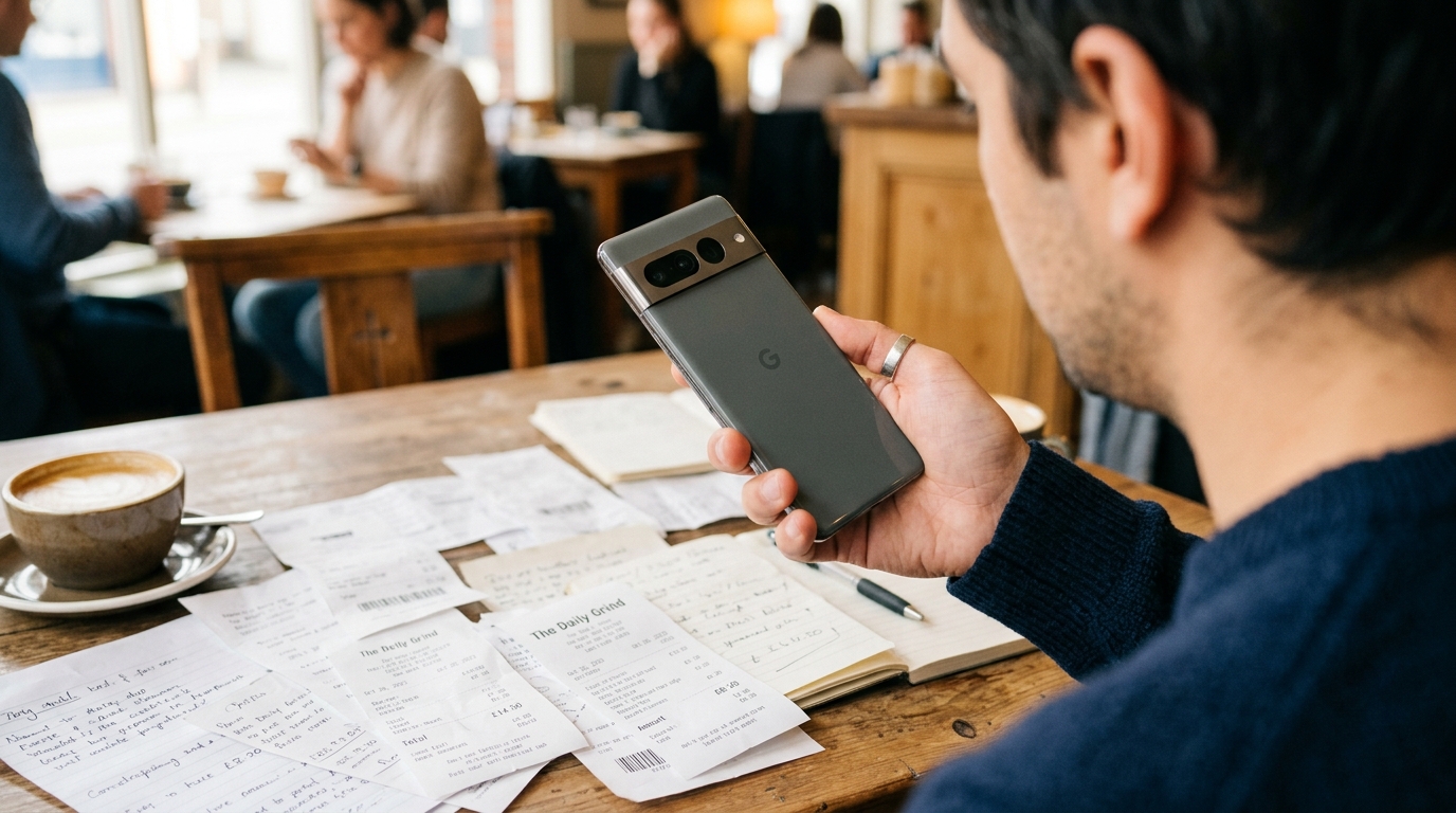从肩后视角拍摄的一个人手持智能手机，正对着咖啡桌上散乱的纸质文档和收据。