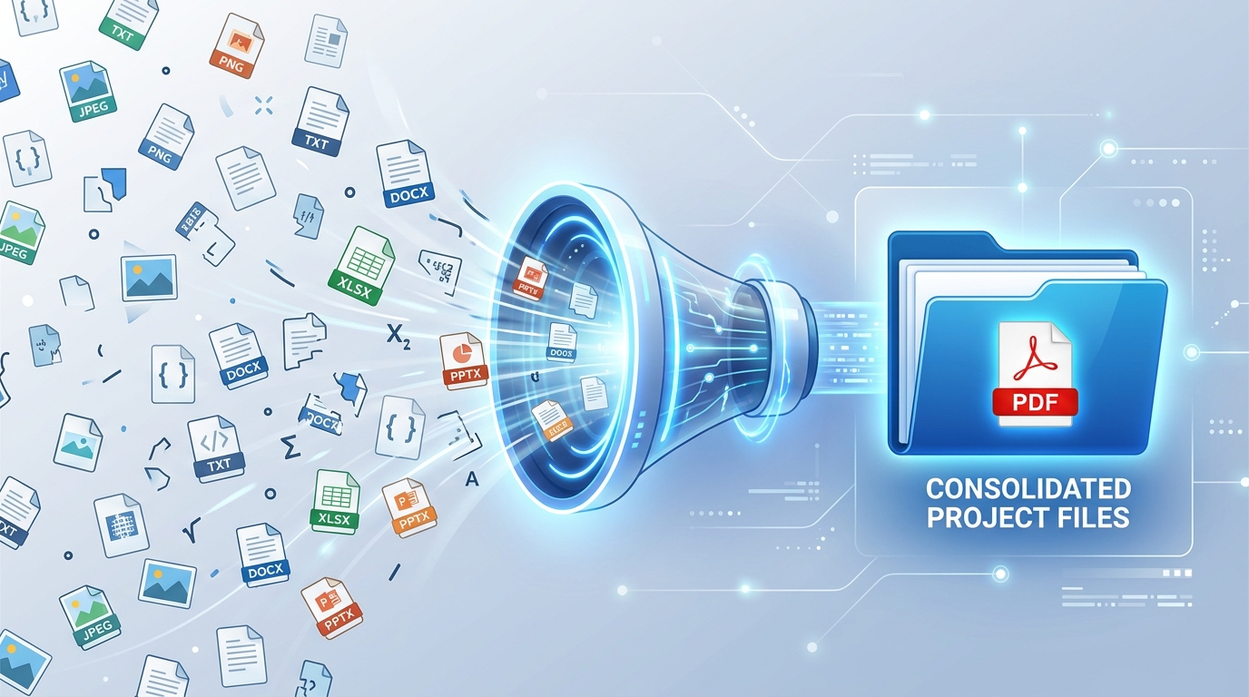 文件整合的概念数字插画。在左侧，许多零散的文件图标……