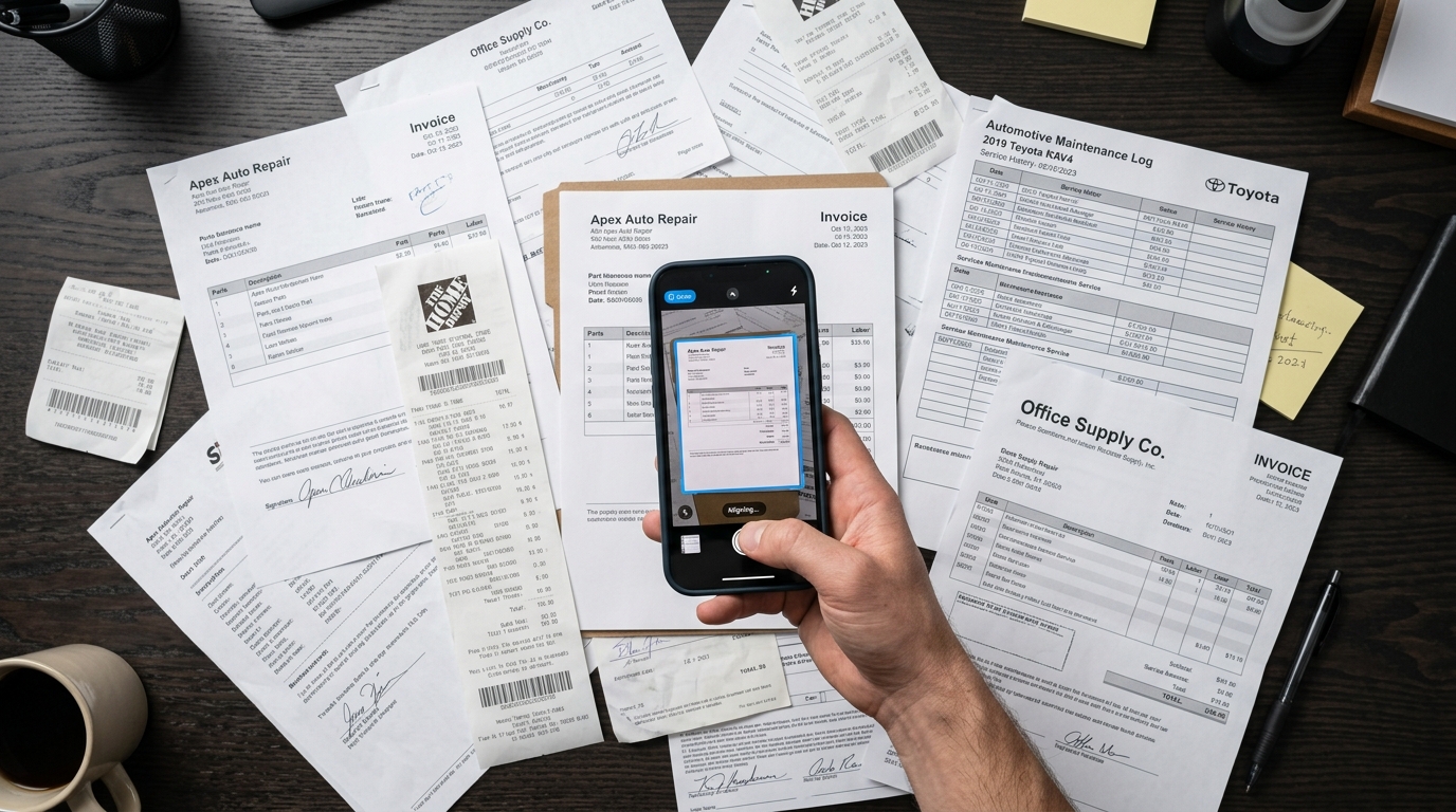 俯视视角下，各种商业文档散乱分布在桌面上的景象……