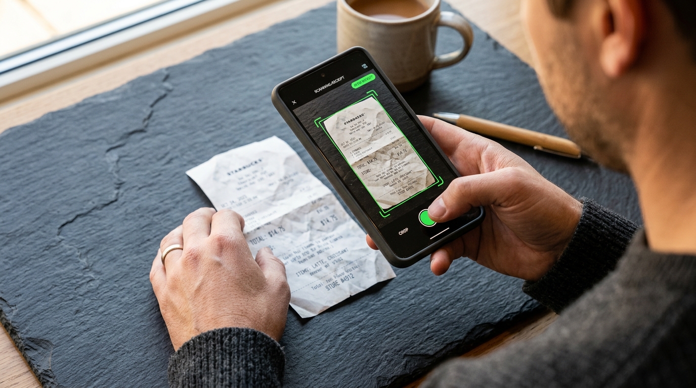 Close-up por cima do ombro de uma pessoa segurando um smartphone sobre um documento...