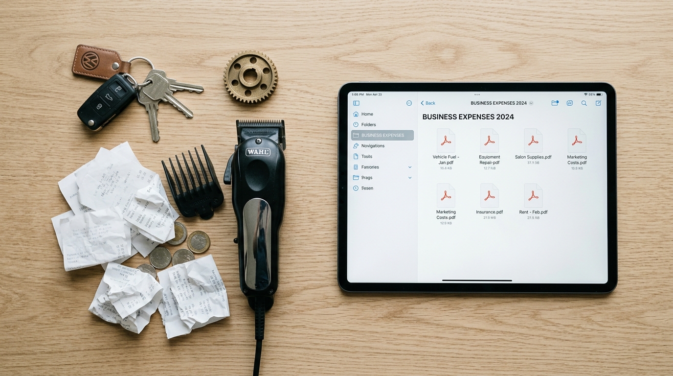 Layout de espaço de trabalho minimalista com itens físicos representando organização digital...