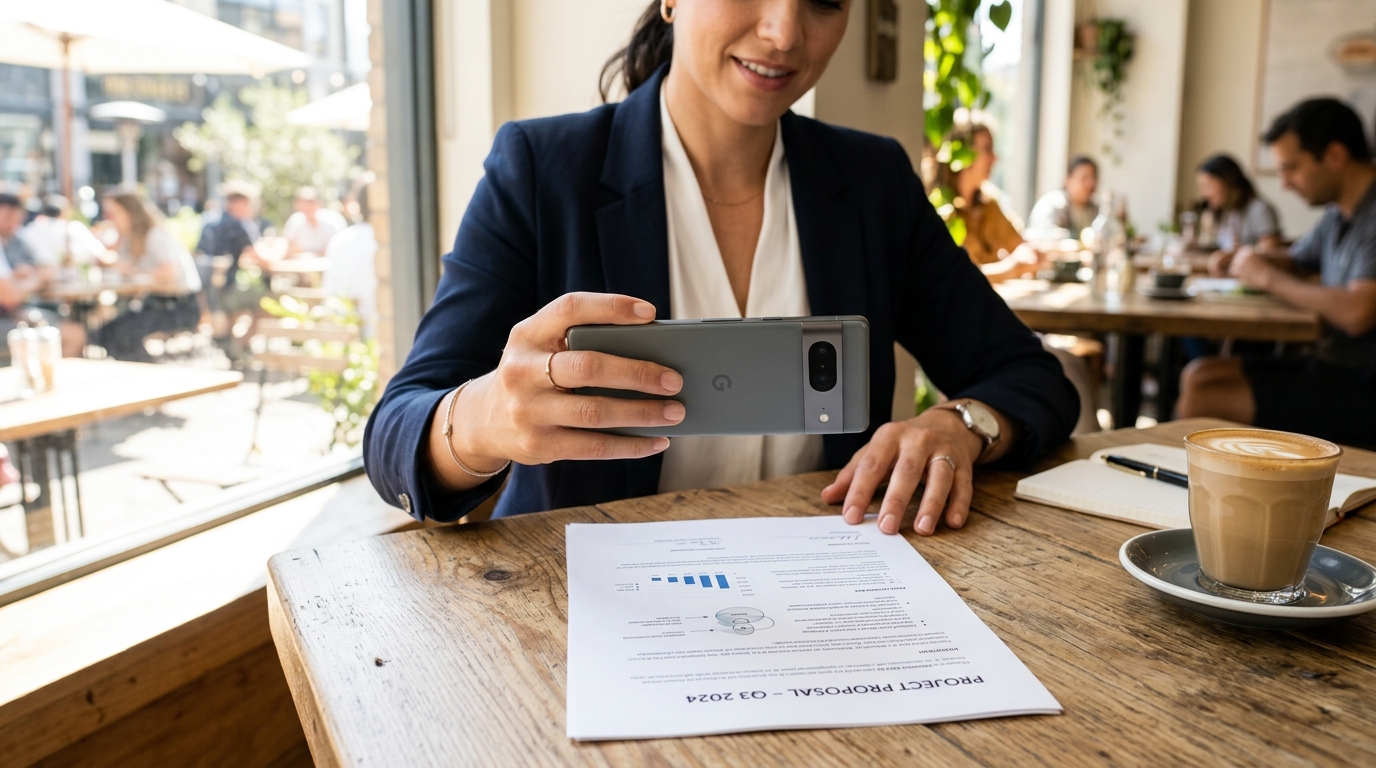 कैफे में बैठा एक प्रोफेशनल स्मार्टफोन का उपयोग कर रहा है।