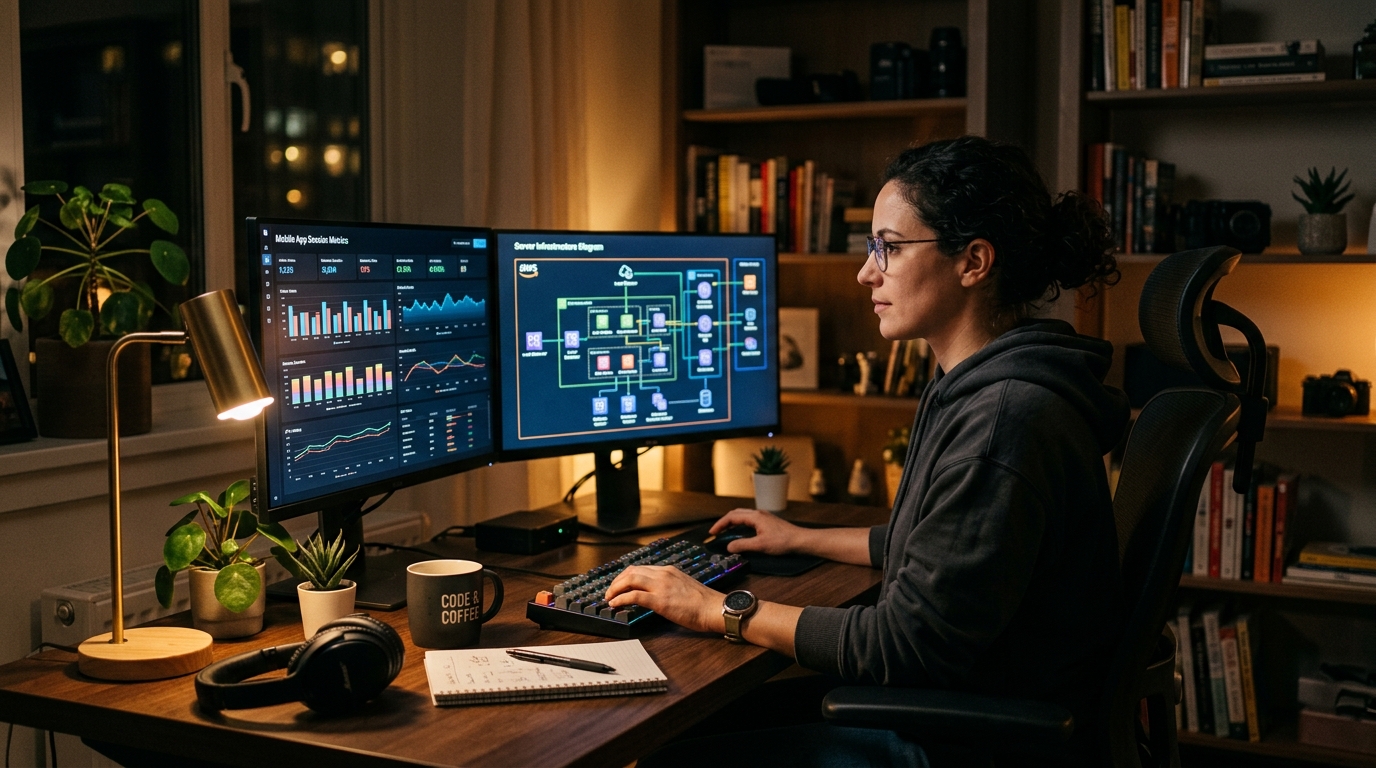 एक आधुनिक सॉफ्टवेयर डेवलपर जो घर के ऑफिस में काम कर रहा है।