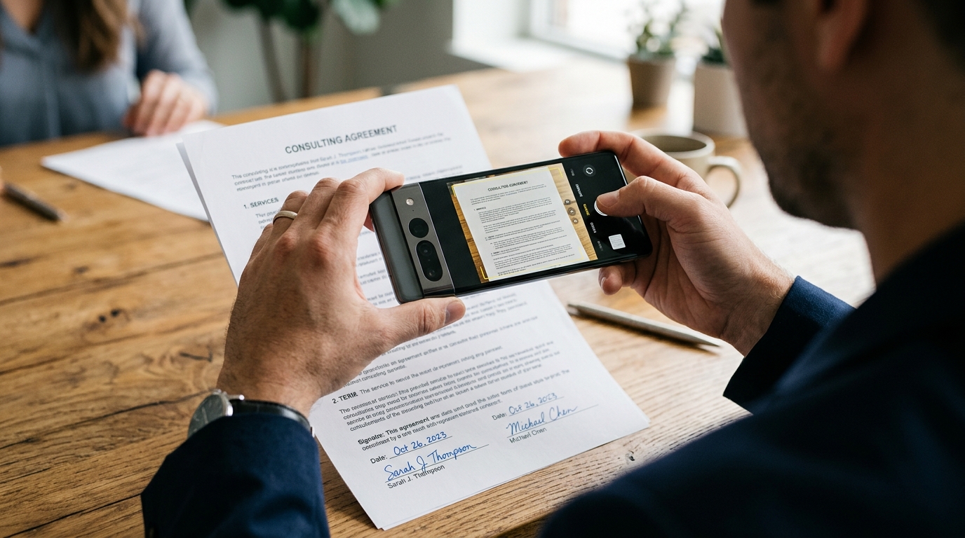 A person using a smartphone to scan documents.