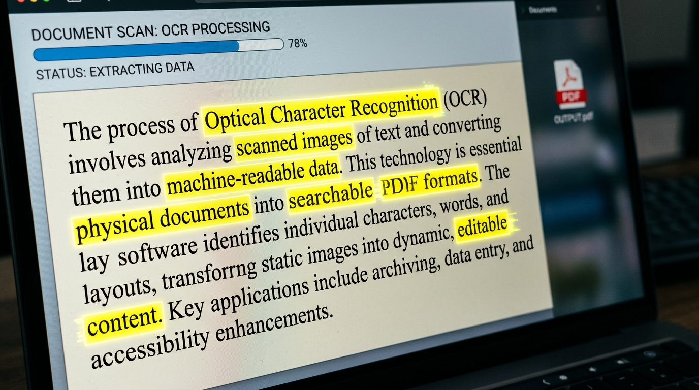 A macro shot of a digital interface displaying scanned text through OCR technology