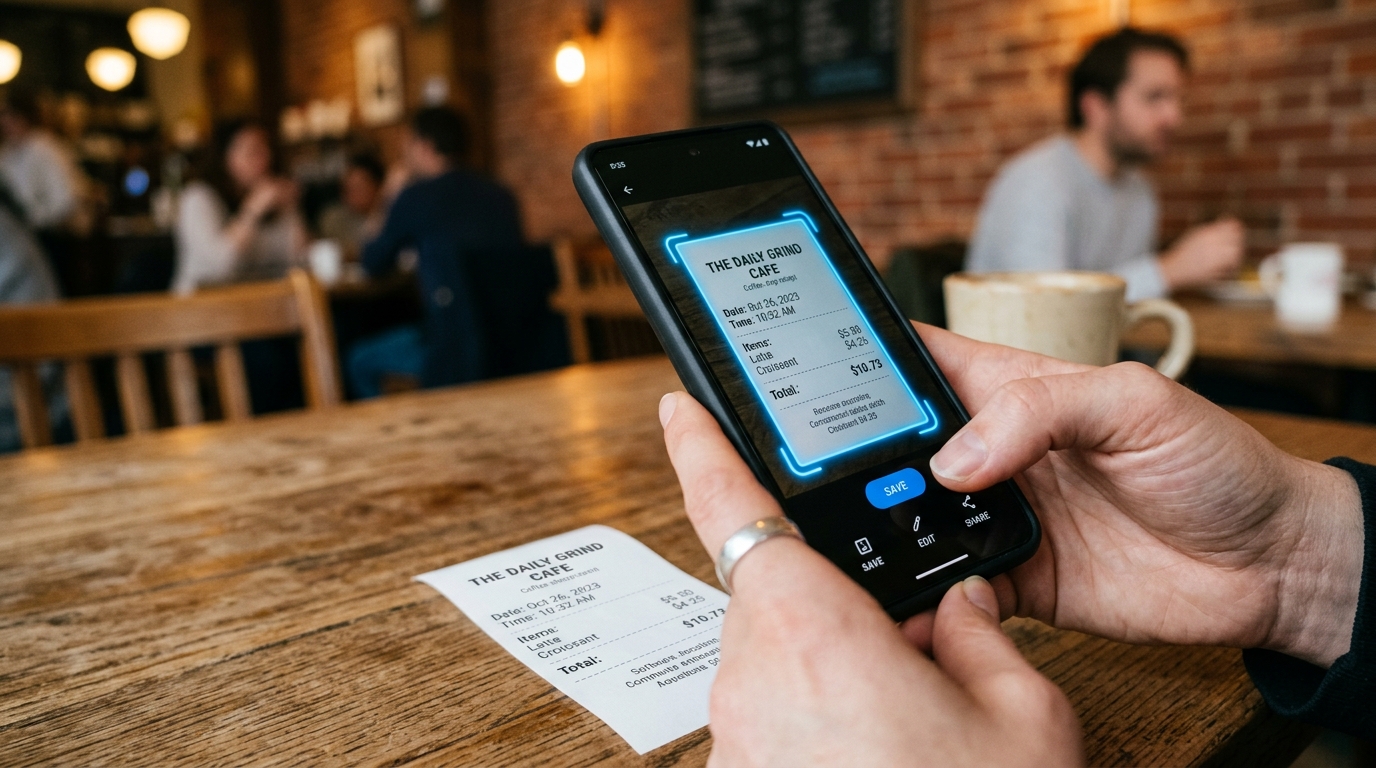 Un primo piano delle mani di una persona che tiene uno smartphone sopra lo scontrino di un bar.