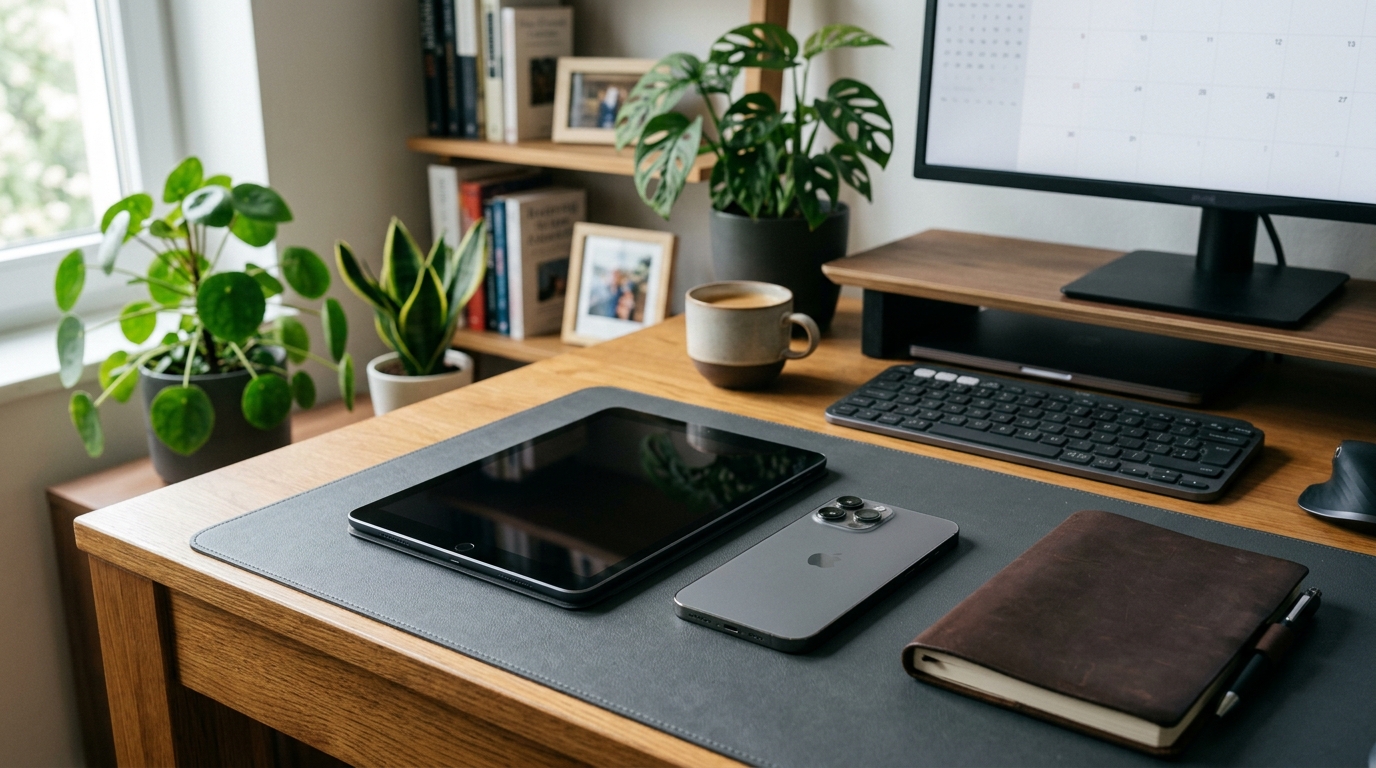 Una postazione home office ordinata e altamente organizzata con un tablet e uno smartphone appoggiati su una scrivania.
