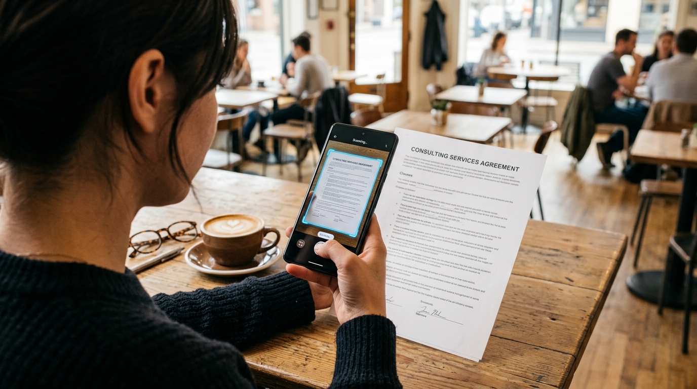 A close-up, over-the-shoulder shot of a professional freelancer sitting in a bright cafe, scanning a paper invoice with a smartphone.