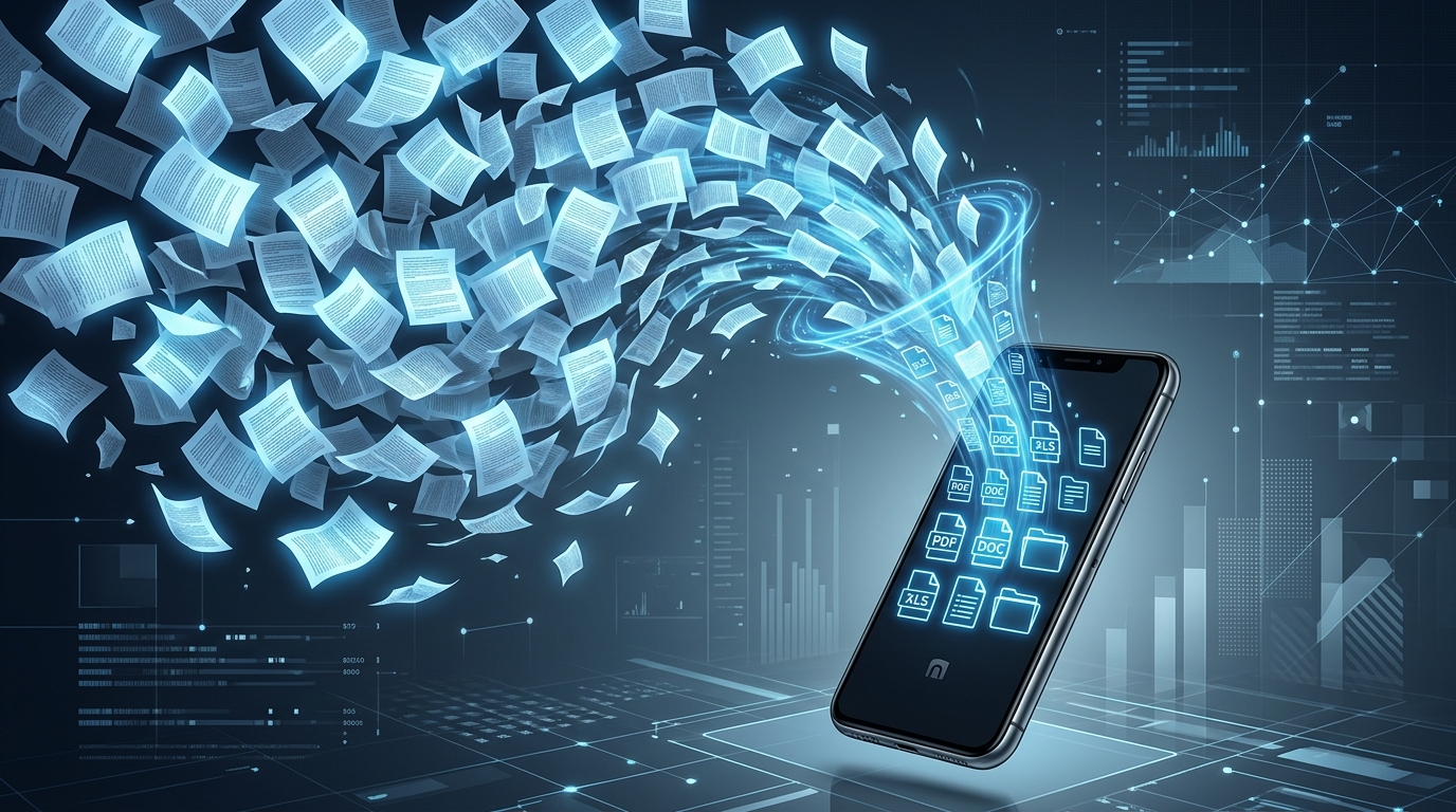 An abstract, high-tech conceptual illustration showing documents being compressed into small, glowing digital data packets.