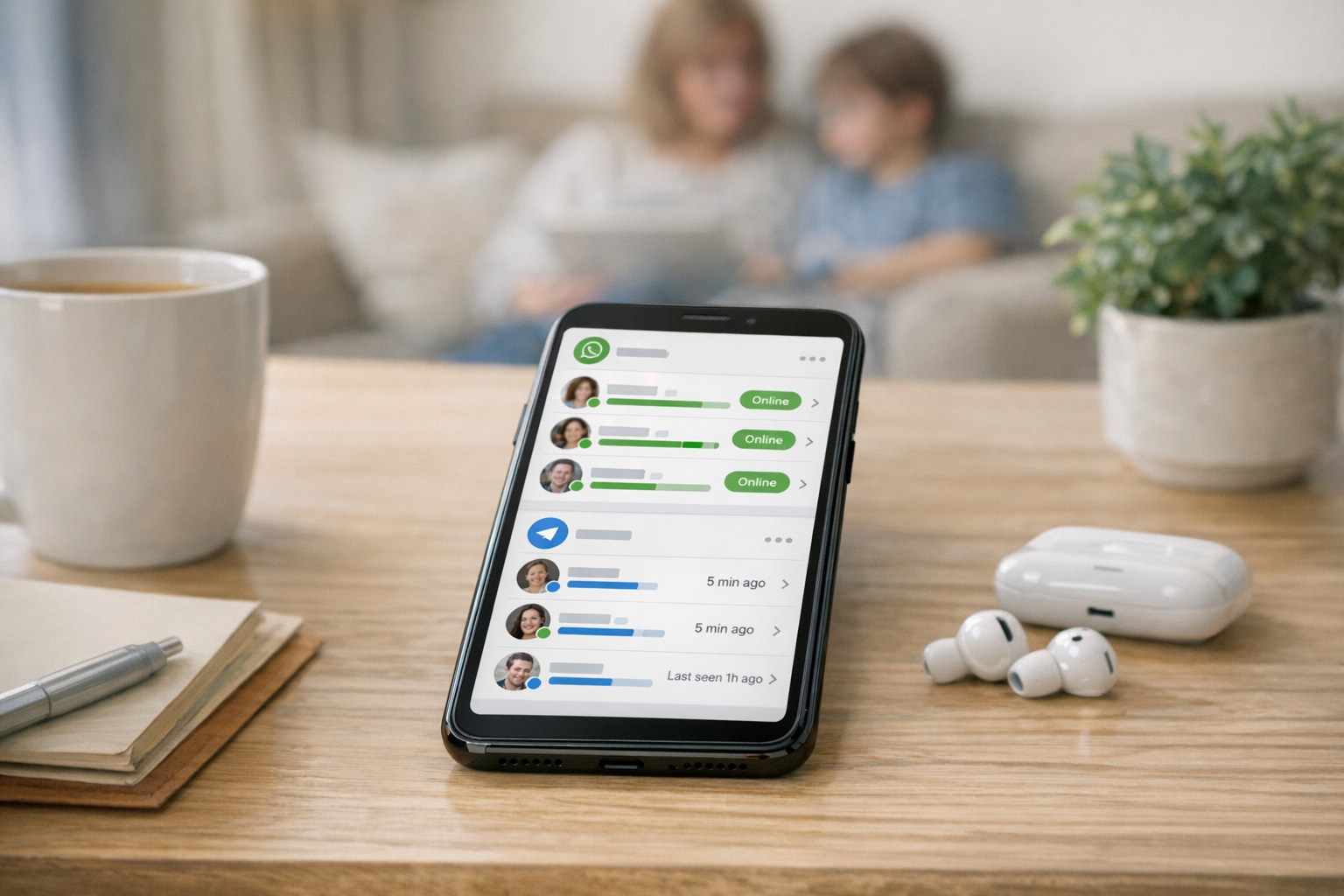 WhatsAppやTelegramのステータス追跡用ダッシュボードを表示したスマートフォンがテーブルに置かれた、家族向けモバイルアプリのリアルなシーン