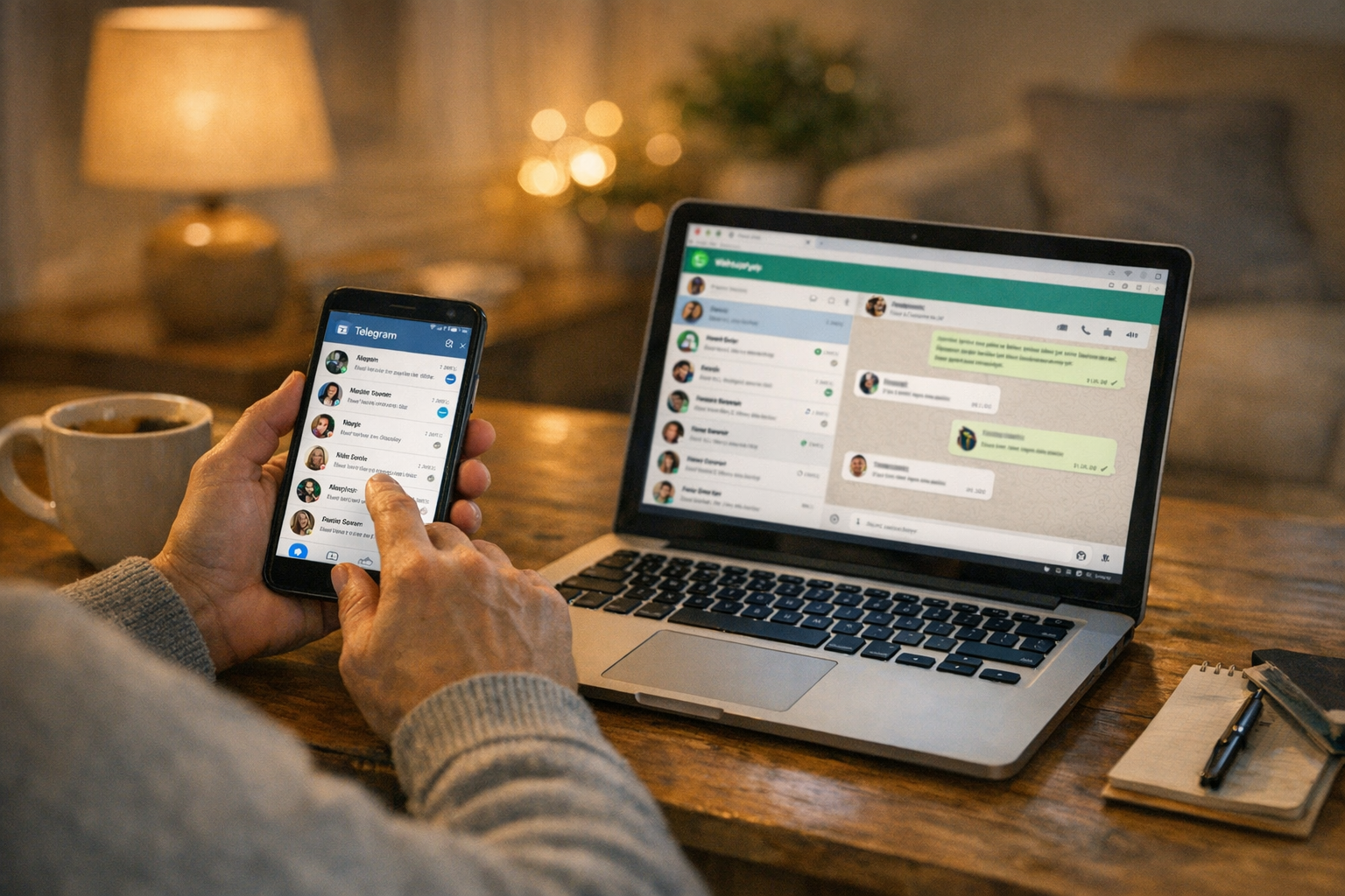 自宅でスマートフォンとノートPCを使いながらメッセージ利用パターンを確認している人物のリアルなクローズアップ