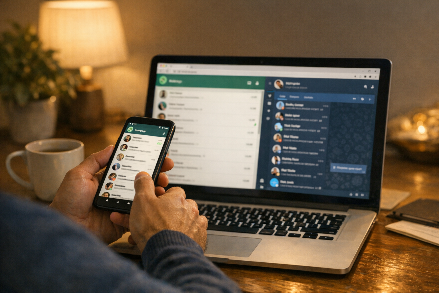 لقطة واقعية مقرّبة لشخص يستخدم هاتفًا ذكيًا وجهاز كمبيوتر محمول في المنزل لمراجع...
