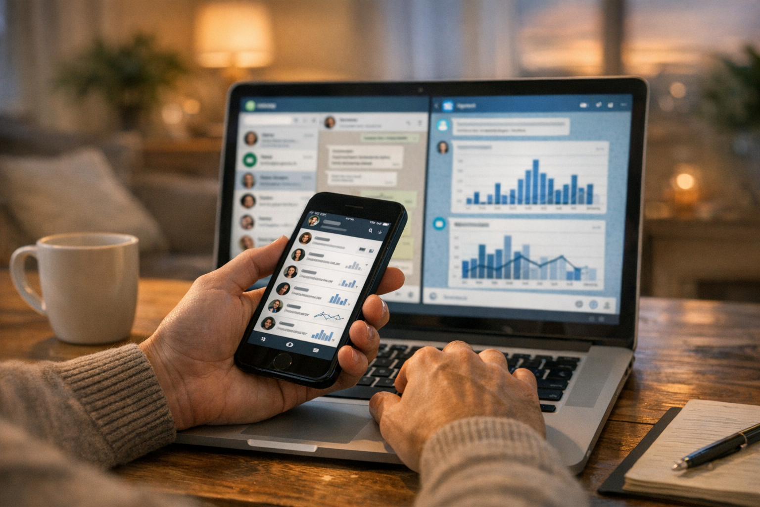 Un primer plano realista de una persona usando un smartphone y un portátil en ca...