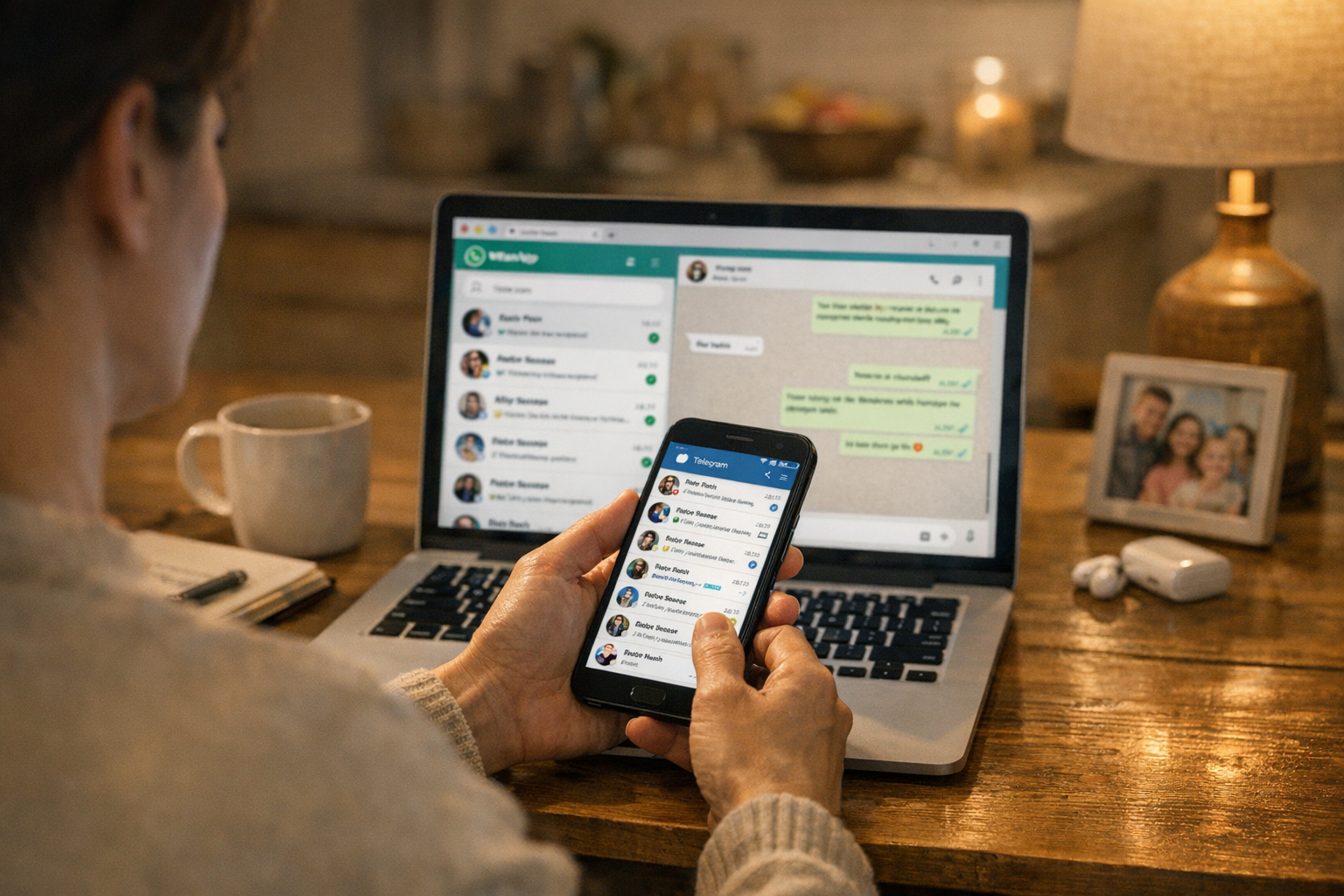 집에서 스마트폰과 노트북을 사용해 메시징 활동 패턴을 확인하는 사람의 사실적인 클로즈업, WhatsApp web과 Telegram web을 살펴...