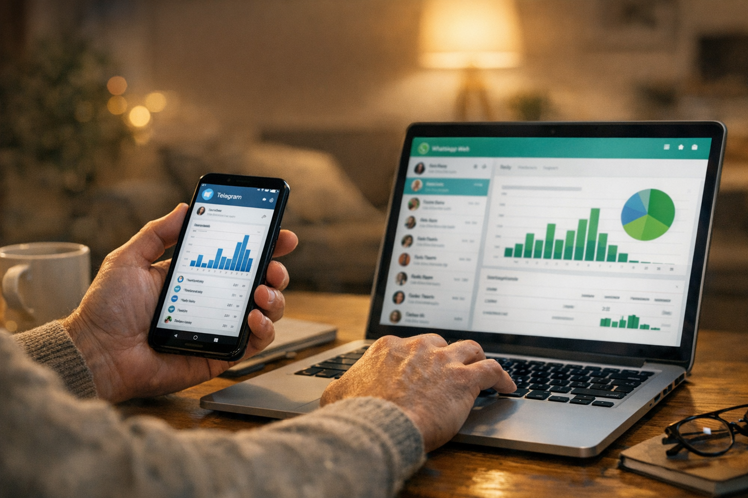 Un primo piano realistico di una persona che usa smartphone e laptop a casa per ...