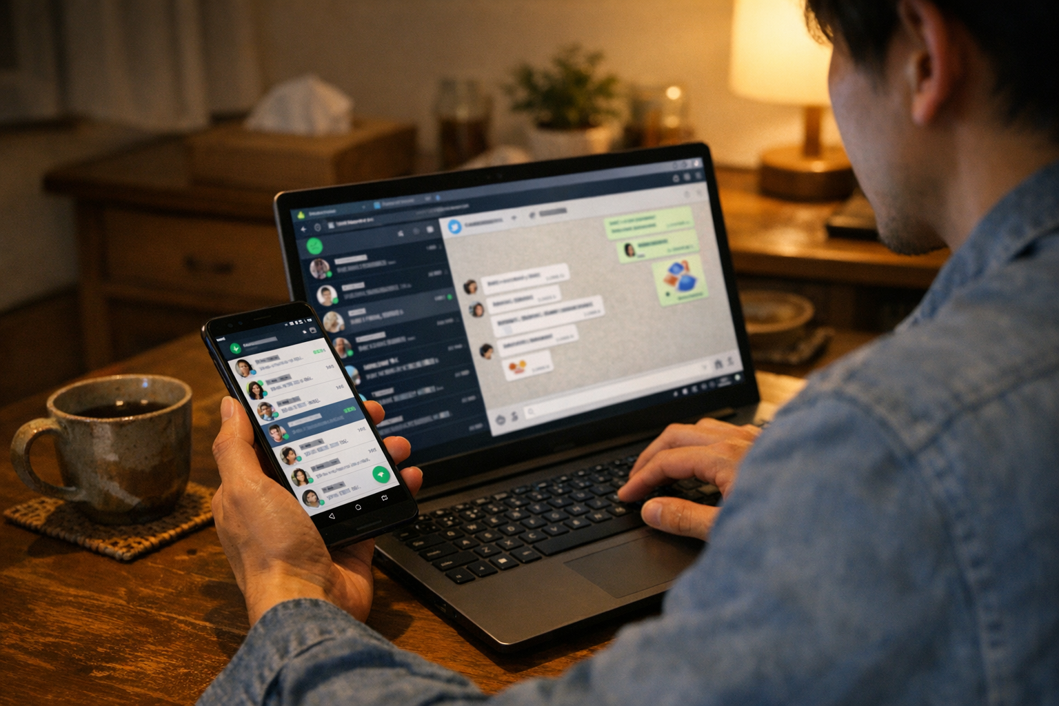 自宅でスマートフォンとノートPCを使い、メッセージ利用パターンを確認している人物のリアルなクローズアップ。WhatsApp WebやTelegram Webをチ...