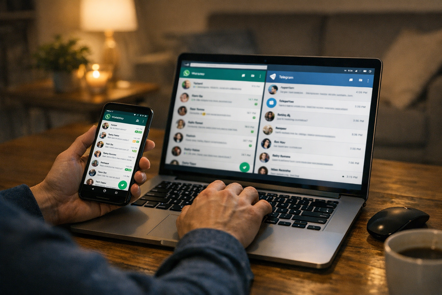真实特写:一人在家中使用智能手机和笔记本电脑查看消息活动规律,表现通过 WhatsApp Web 和 Telegram Web 进行查看的行为,安静的夜晚家庭氛...