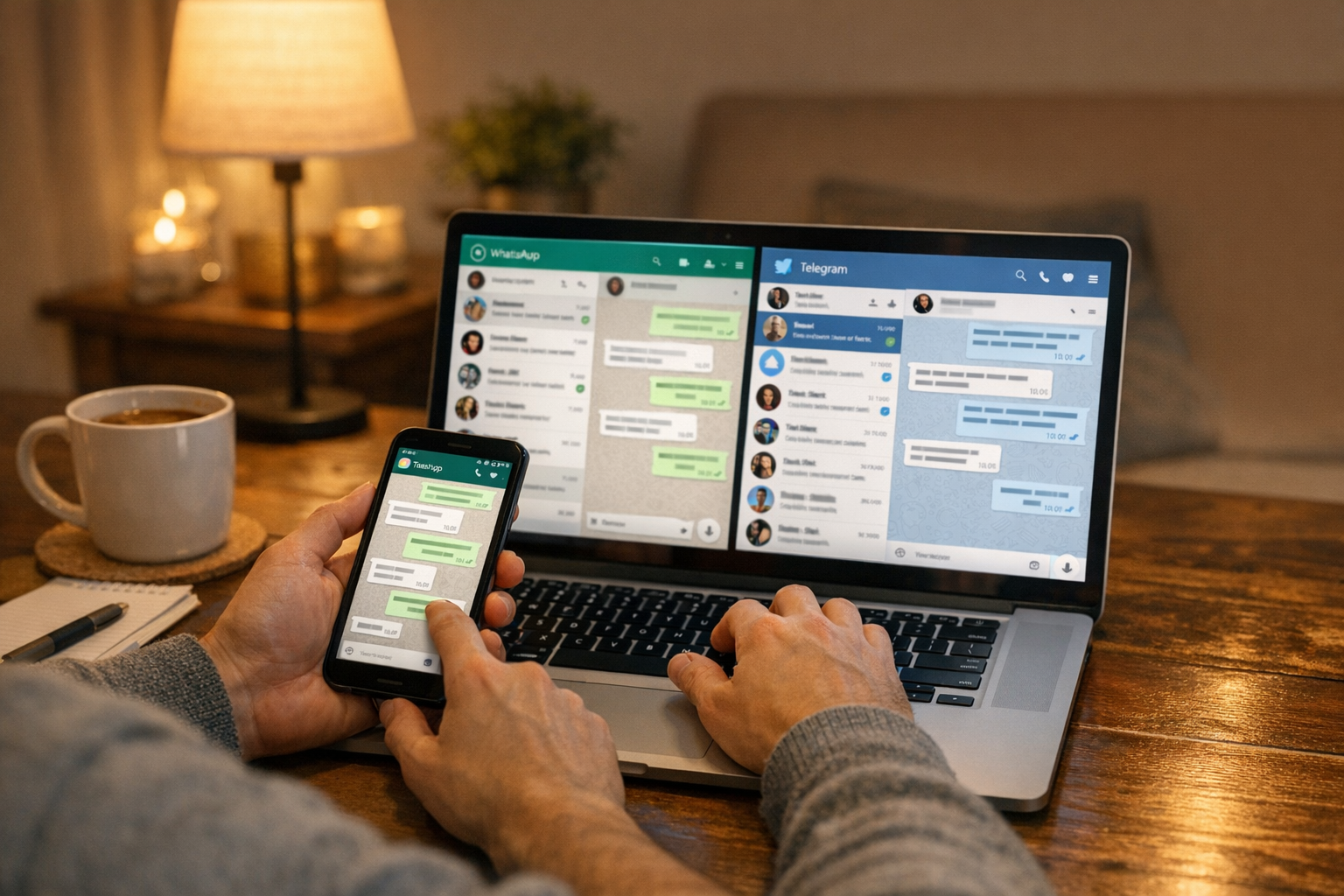 Evde bir kişinin akıllı telefon ve dizüstü bilgisayar kullanarak mesajlaşma etki...