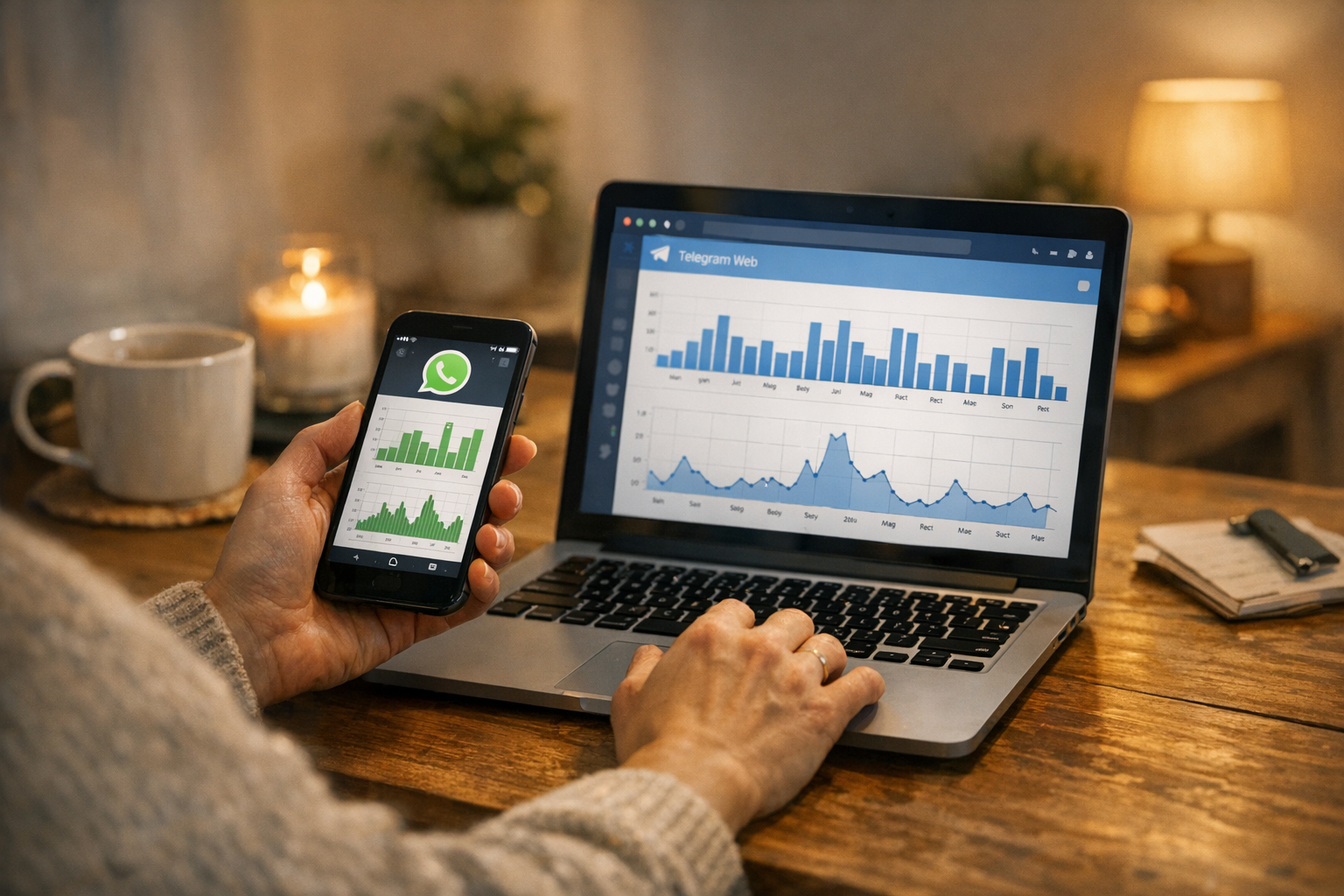 En realistisk närbild av en person som använder en smartphone och laptop hemma f...