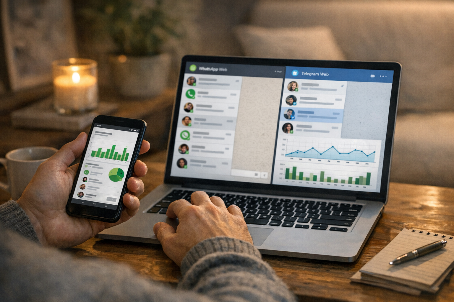 Et realistisk nærbillede af en person, der bruger en smartphone og en bærbar com...
