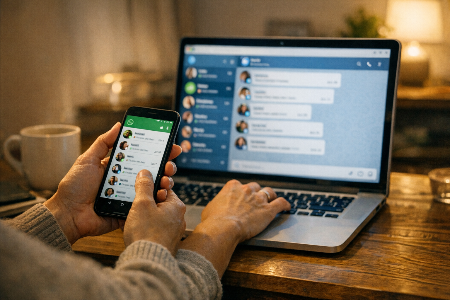 Un gros plan réaliste d’une personne utilisant un smartphone et un ordinateur po...